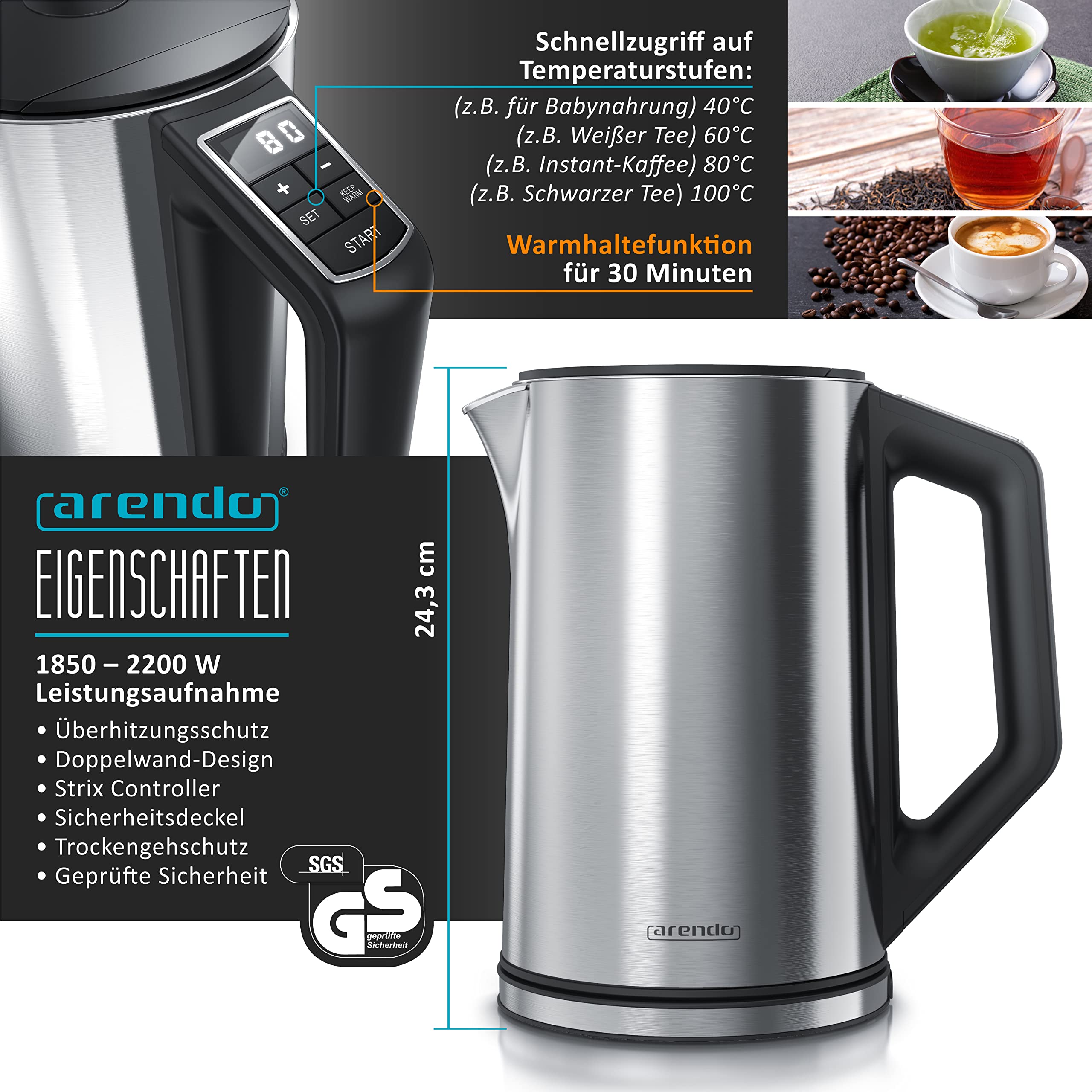 arendo Wasserkocher + rendo Edelstahl Langschlitztoaster Hervidor de Agua tostadora de Ranura Larga, Acero Inoxidable Plateado