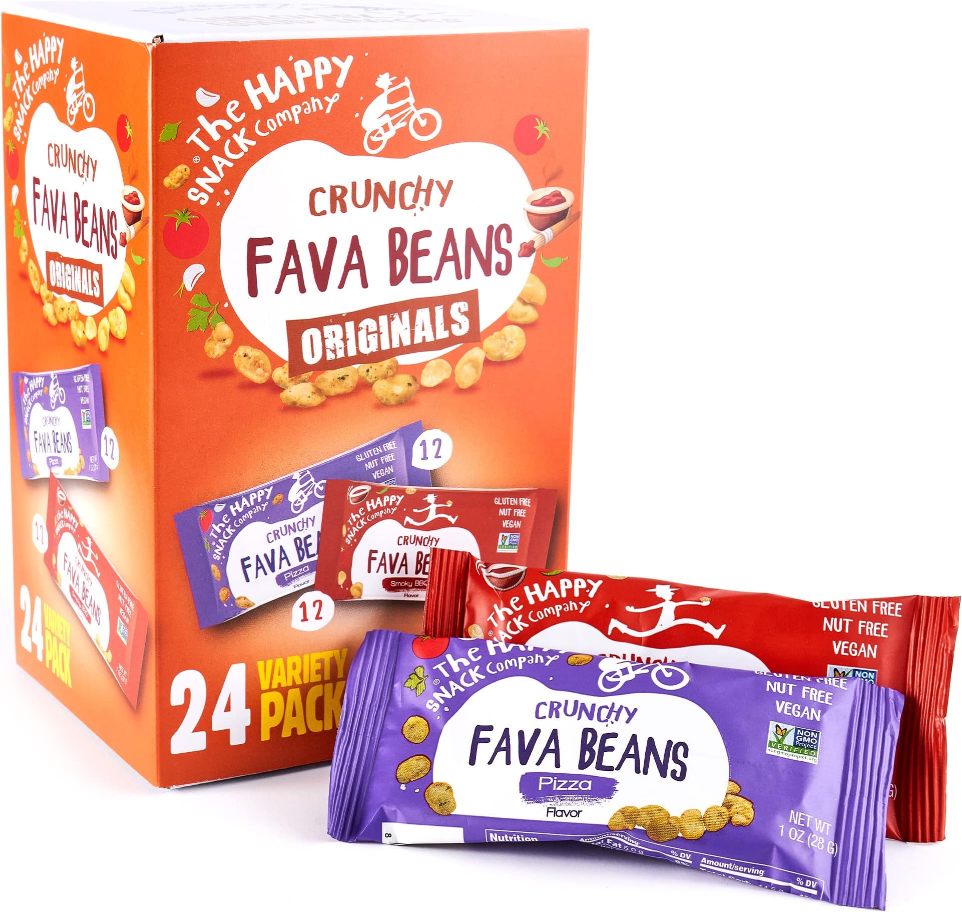 - Fava Beans Variety Pack 24 x 1 oz (Smoky BBQ Flavor and Pizza Flavor). High Fiber Vegan Protein Snacks for Adults and Kids. Gluten free. Nut free. Dairy free. Non-GMO and Vegan. Only 130 Cals.