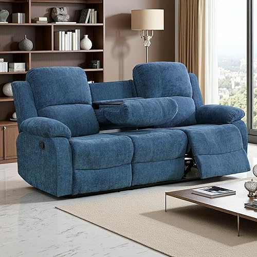 Miniatura 19 de Conjunto de sofá reclinable manual con mesa desplegable, 3 piezas de sofá reclinable de cuero marrón, juegos de muebles para sala de estar, sofá