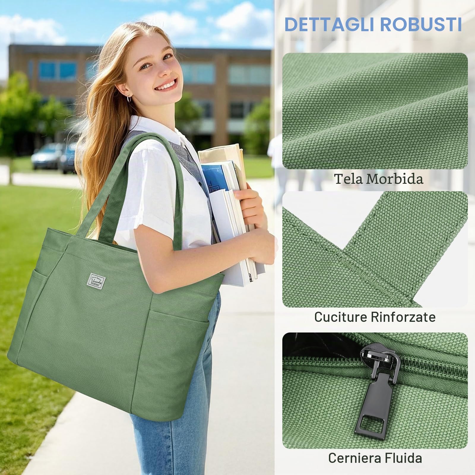 VASCHY Tote Bag,Borsa Donna Università Elegante Borsa Mare Pieghevole Borsa Tote Donna Lavoro Scuola Viaggio Palestra Shopping Bag Leggero