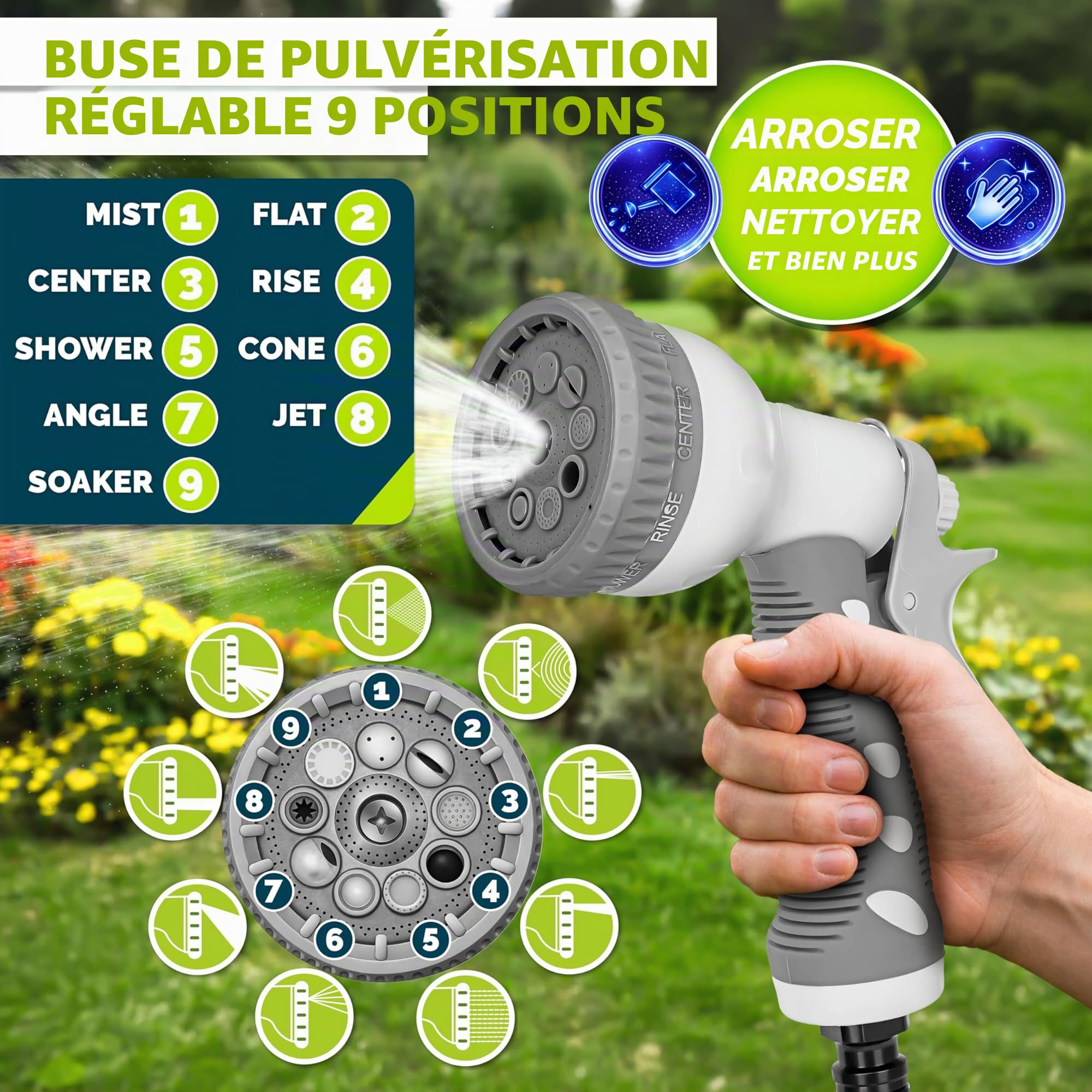 tillvex Enrouleur de Tuyau d'arrosage pour Jardin 30+2m avec support mural + poignée | Dévidoir pour tuyau avec pistolet à eau et tuyau d'arrosage | Pivotant à 180° (Gris)