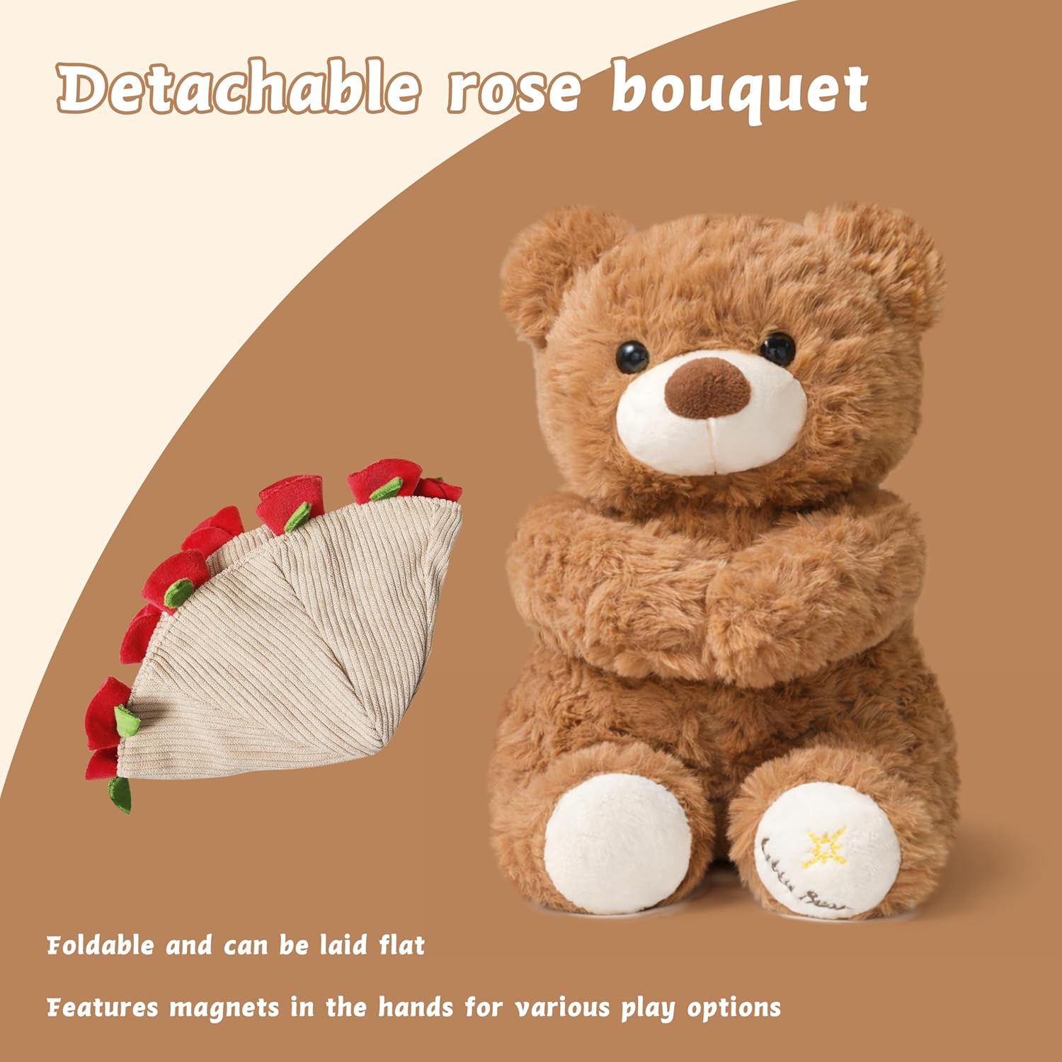 Bouquet Teddy Bear Plush Toy, Rose Plush Bouquet, Romantic Flower Hat Bear Stuffed Plush, Perfect as a Birthday, Holiday for Boys and Girls (Beige - Large)