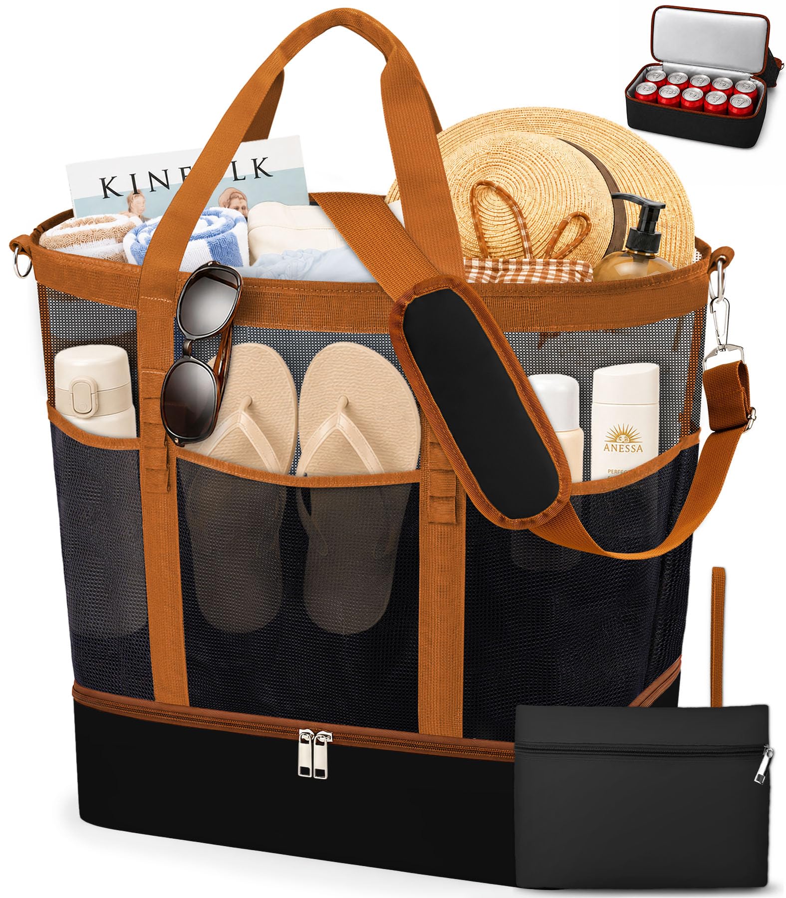 2-in-1 Mesh Beach Bag with Cooler for Women, Extra Large Beach Tote with Zipper, 11 Pockets, Adjustable Shoulder Strap