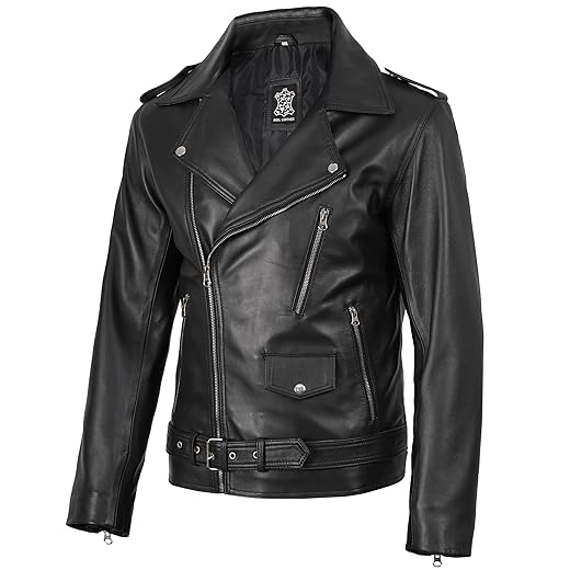 Decrum Jaqueta masculina de couro – Jaqueta de couro casual assimétrica de pele de cordeiro real para homens