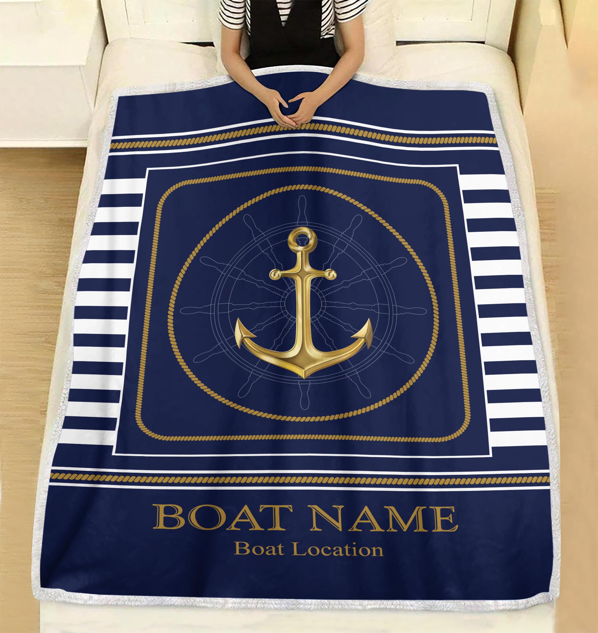 Personalized Boat Blanket for Owners - Custom Nautical Anchor Throw Boat Name, Welcome Aboard Soft Fleece Plush Sherpa, Ideal Boating Gift, Durable Yacht Bedding Cabin Decor Marina Lake House Life