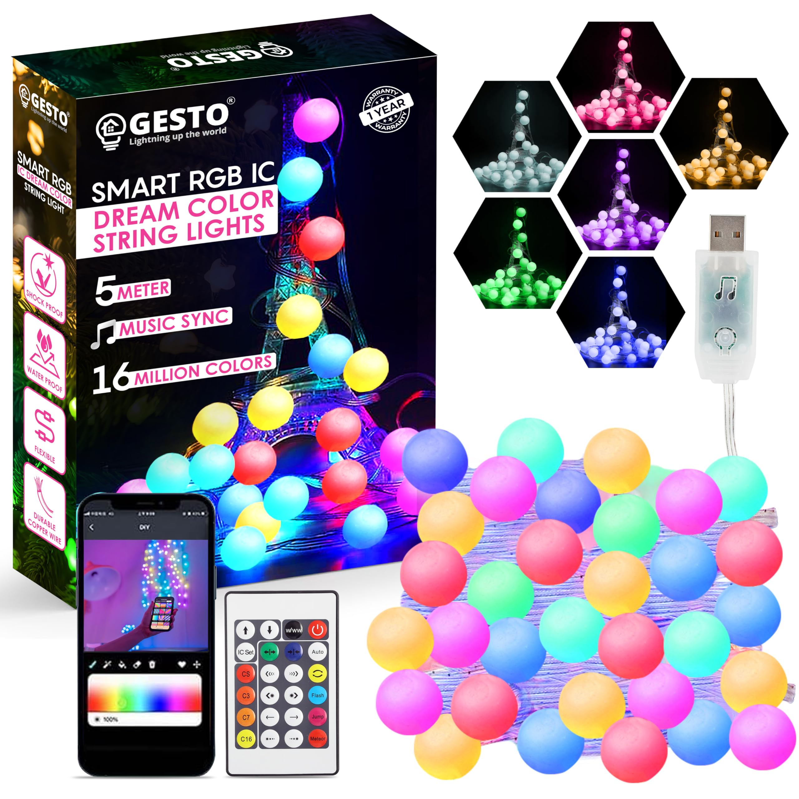 Gesto 5V Ball Shape Serial String Lights - USB Smart Music Sync Led Lights with Remote and App Control,RGB Color Changing Fairy Lights (5 Meter, 33 Led,Multicolor)