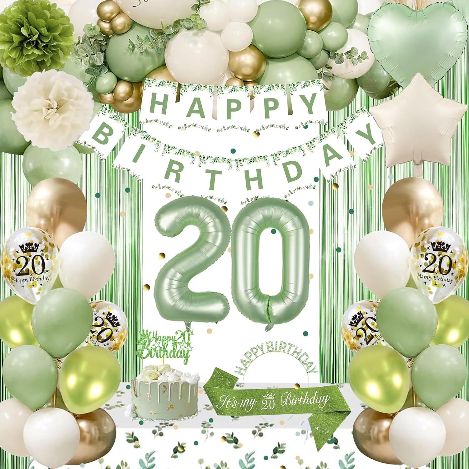 20th Birthday Decorations, Sage Green 20th Bday Decorations for Women Happy Birthday Banner Green Gold Balloons Crown Sash Fringe Curtain Tablecloth Cake Topper for Bday Decor