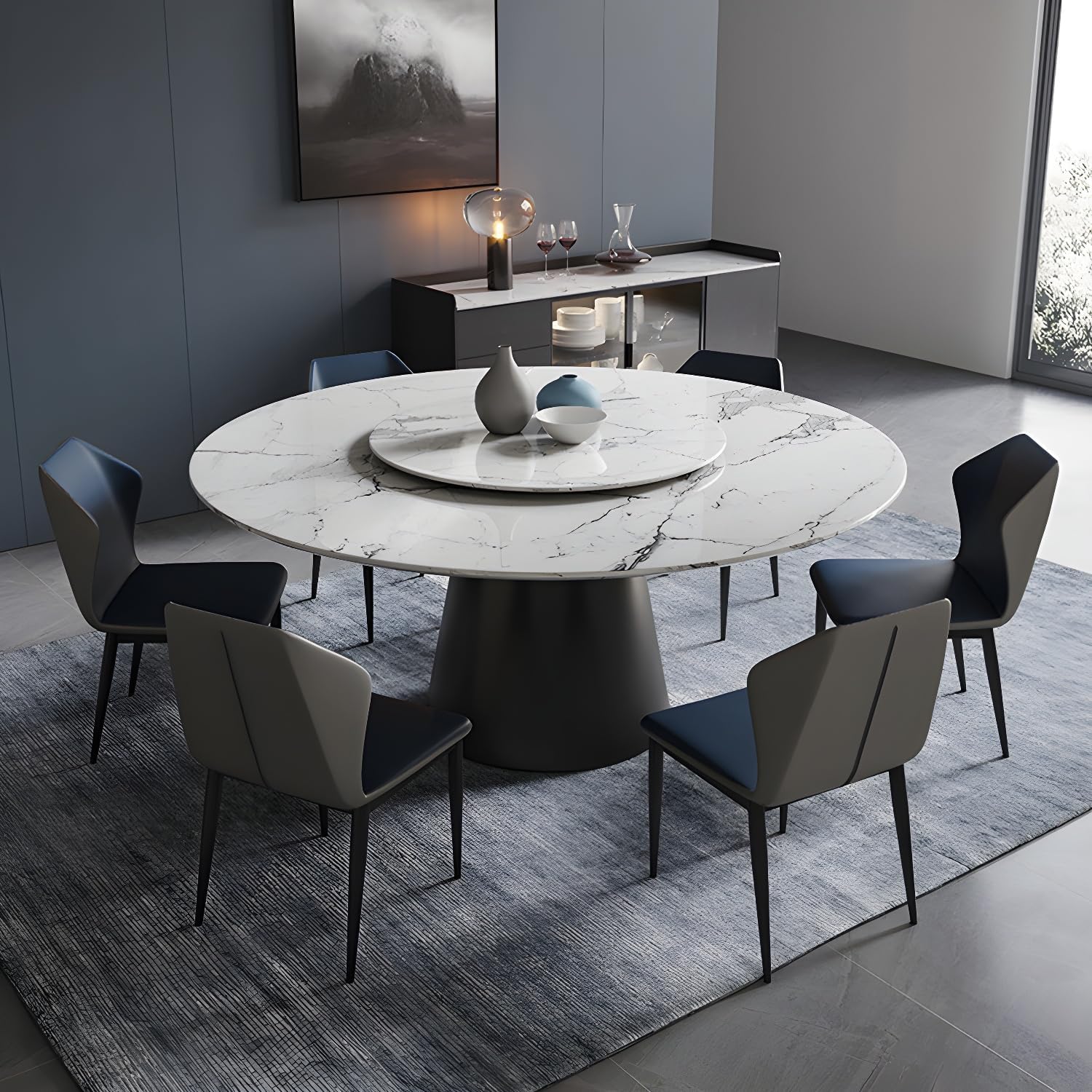LITFAD Round Dining Table Set with Slate Table Top Modern Rotating Restaurant Table and Chairs for 6, Furniture Sintered Stone Dining Table with Lazy Susan for Home - 7 Piece Set Table & 6 Chair(s)