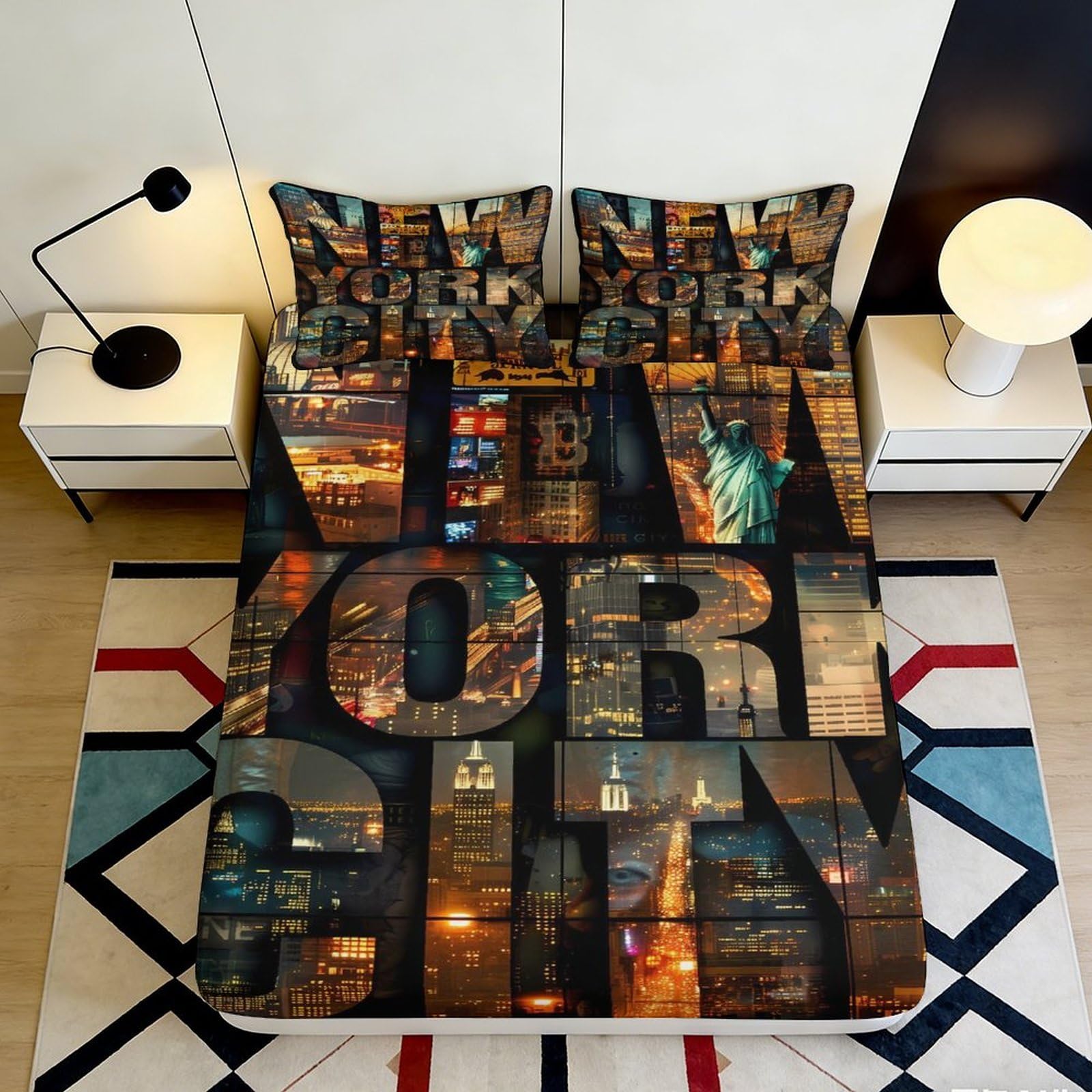 3D Printed New York City Fitted Sheet Microfiber Soft Urban Skyline Bed Cover for Bedroom Guest Room Decor Mattress Protection 90x200x25cm