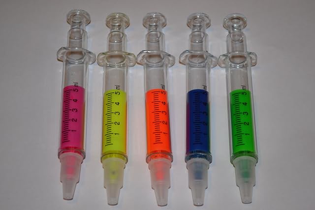5 x Highlighter Syringe Pens (5 mixed colours) - Ideal Nurses Gift