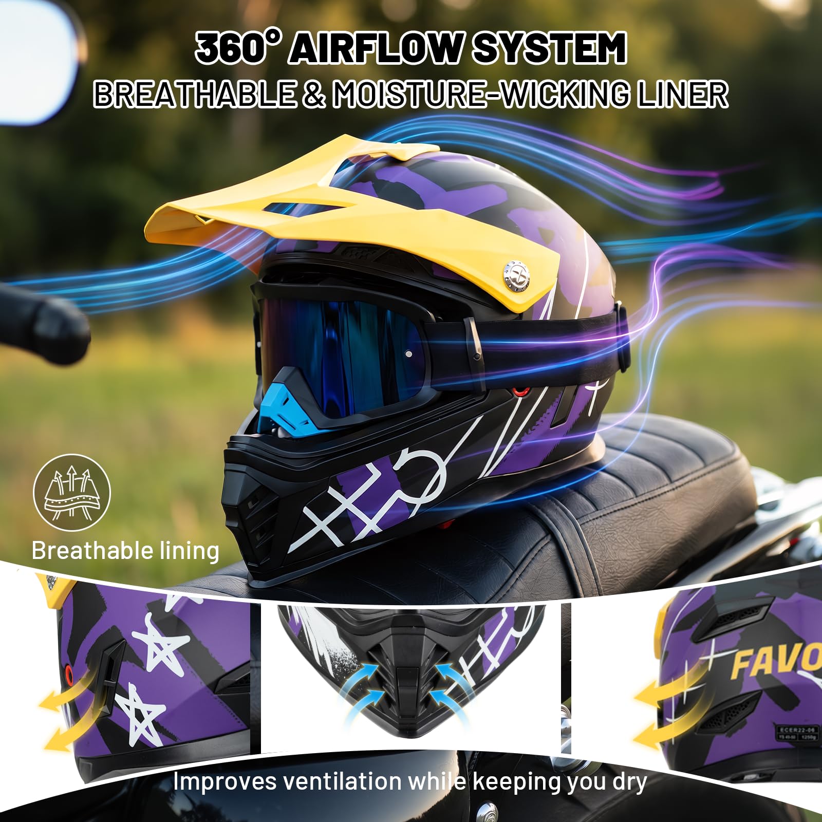 Favoto Casco Motocross Bambino con Occhiali – Protezione Professionale ECE 22.06 per Offroad, Cross e Dirt Bike, Viola-Giallo M (51–52 cm)