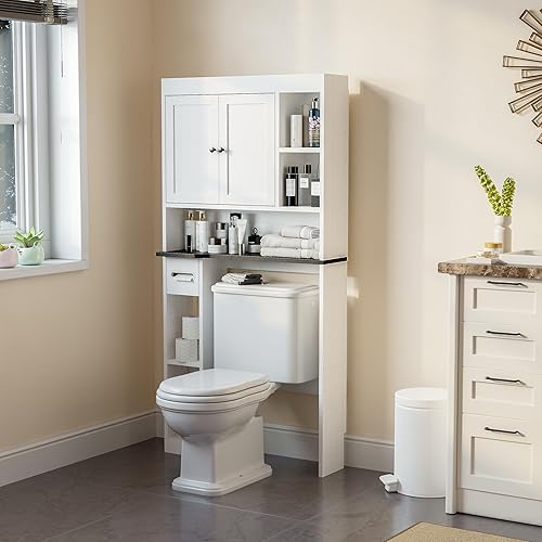 Nivisre Over The Toilet Storage Cabinet with 7 Shelves, Imitation Walnut Grain Above Toilet Bathroom Organizer with Toilet Paper Holder Stand, Space Saver for Restroom, Bathroom, Laundry (White)