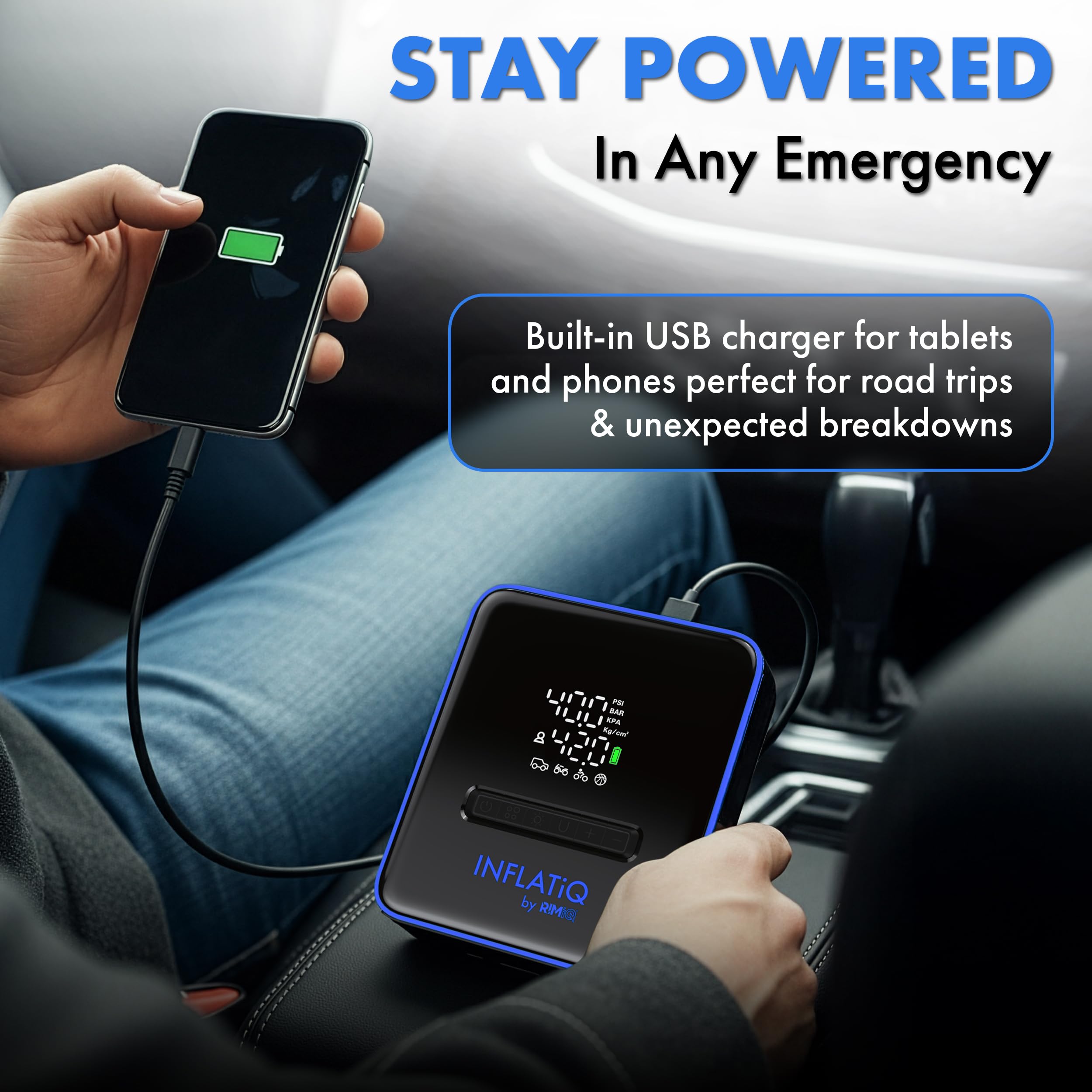 INFLATiQ by RIMiQ Tire Inflator B, potente e premiata tecnologia QWIKFlow con 2 opzioni di alimentazione portatili incluse, potente pompa ad aria per camion, auto, moto, biciclette, palloni e altro