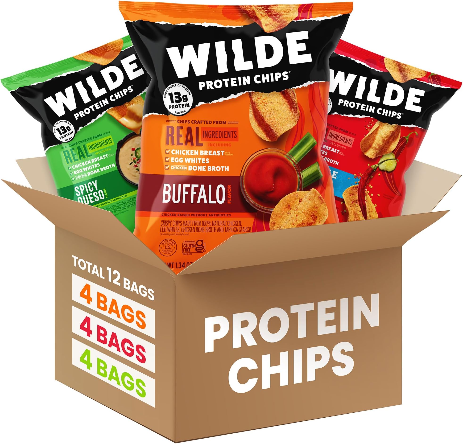 - WILDE Protein Chips Spicy Variety Pack, Buffalo, Spicy Queso, Nashville Hot, Gluten Free Keto Chips Made With Real Ingredients, Protein Snacks, Pack of 12