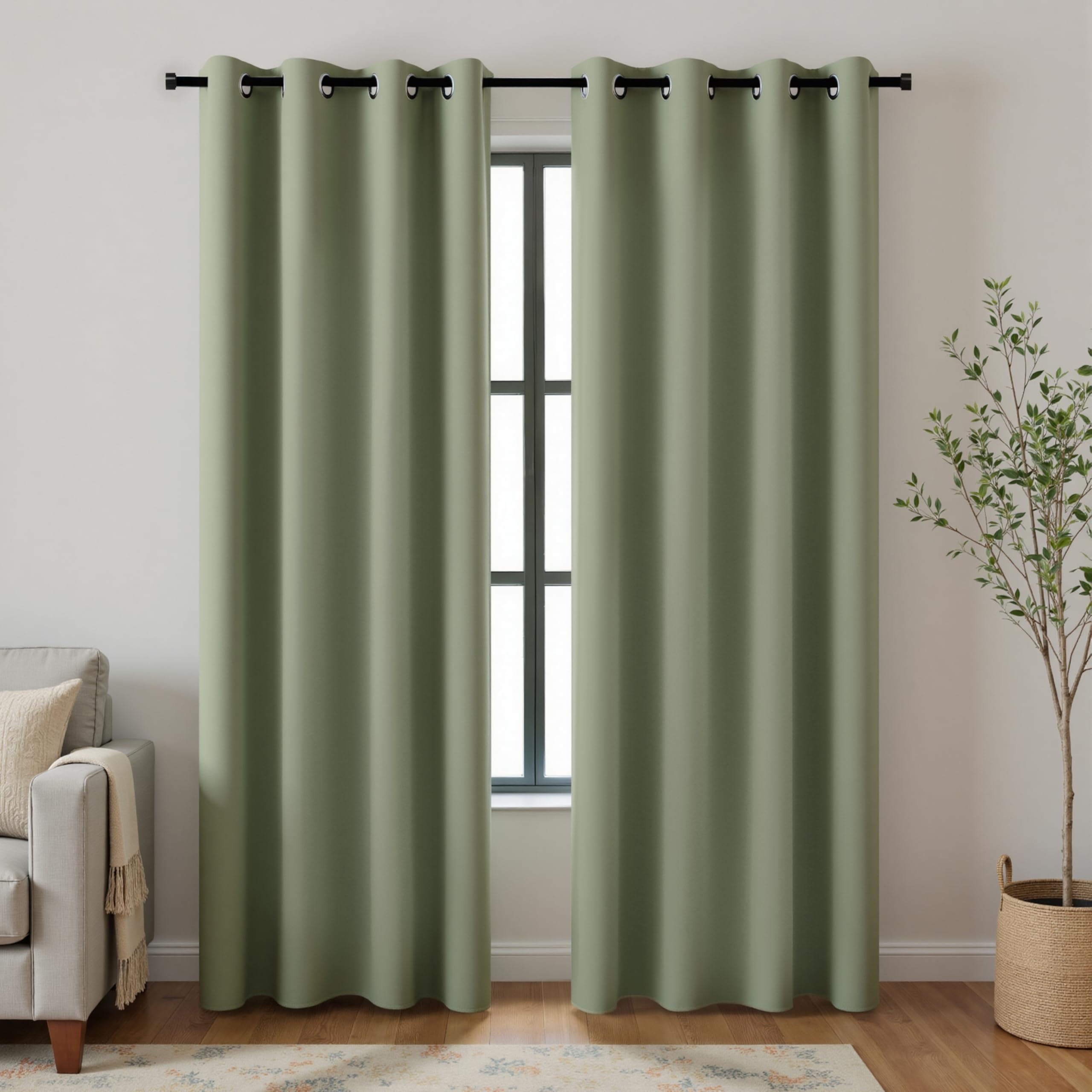 KOUFALL Vintage Curtains Blackout 90 Inch Long for Bedroom,Green Farmhouse Whimsical Looking Plain Solid Color Light Olive William Morris Curtains for Living Room 2 Panel Set — image 1
