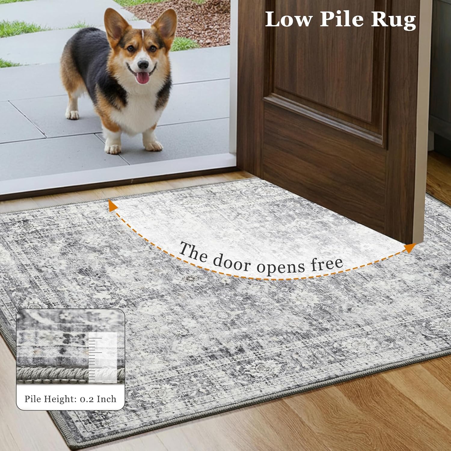 2x5 Washable Runner Rug, Non-Slip Area Rug for Kitchen Hallway Bathroom Bedroom, Vintage Low Pile Rugs Laundry Room Decor Carpet, Grey