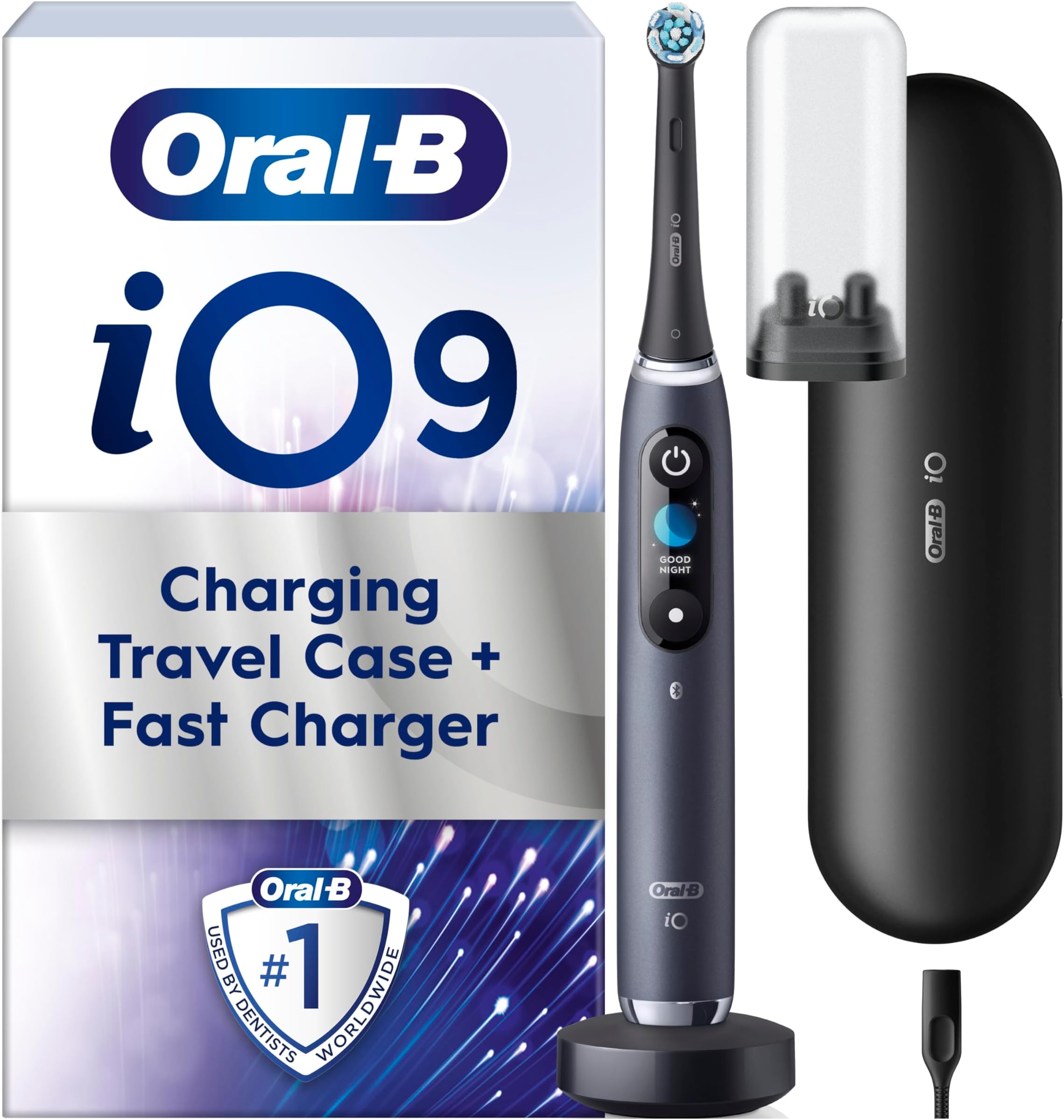Oral-B iO9 Electric Toothbrush For Adults, App Connected Handle, 1 Toothbrush Head and Charging Travel Case, 7 Modes with Teeth Whitening, 2 Pin Plug, Black