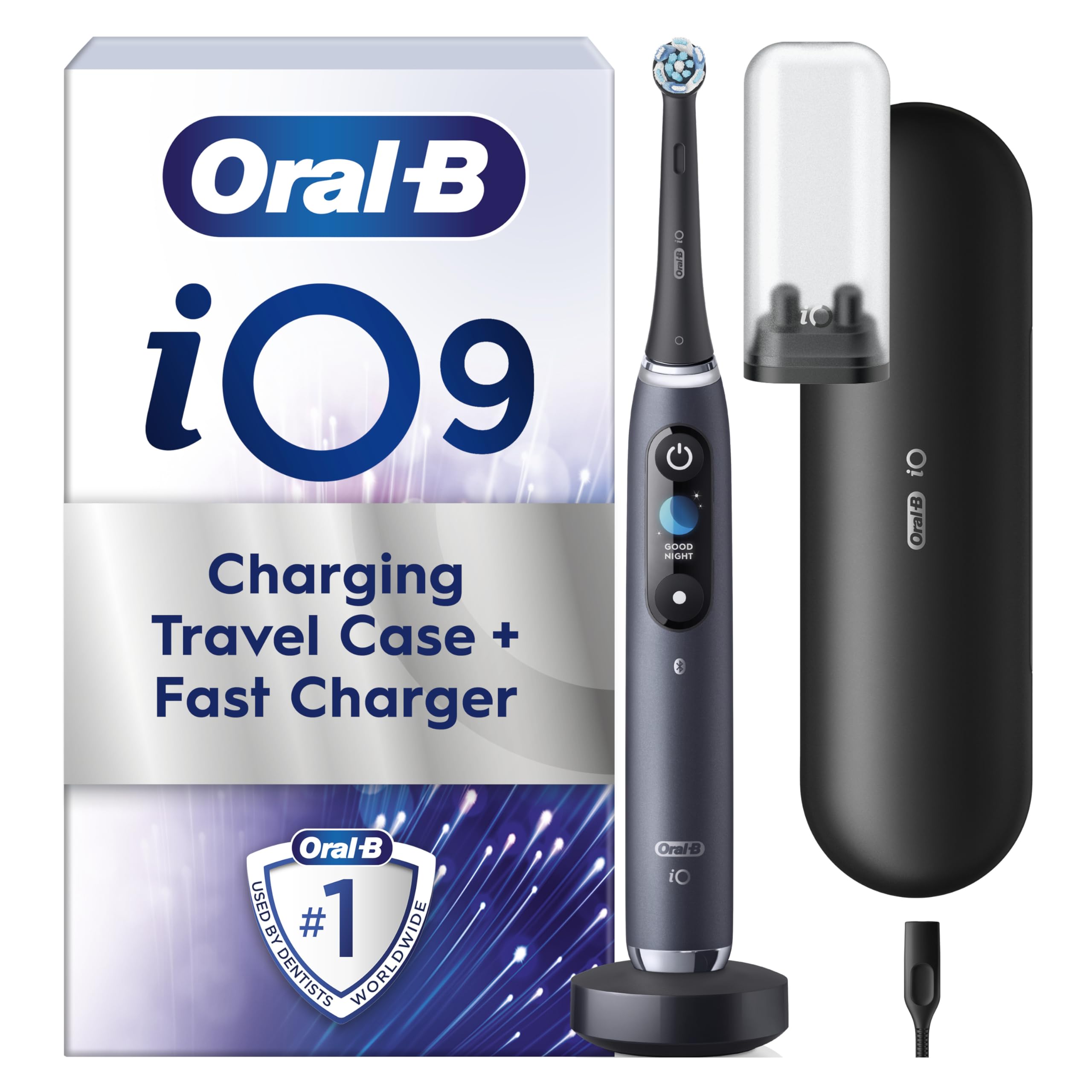 Oral-B iO9 Electric Toothbrush For Adults, App Connected Handle, 1 Toothbrush Head and Charging Travel Case, 7 Modes with Teeth Whitening, 2 Pin Plug, Black