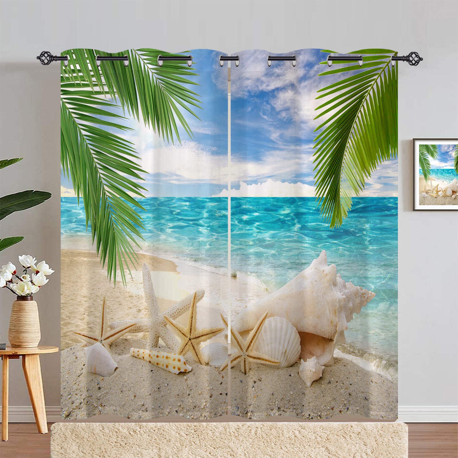 ANHOPE Beach Curtains Eyelet 80% Blackout Room Darkening Curtains with Ocean Palm Tree Seashell Starfish Print Pattern Light Blocking Window Drapes for Bedroom Living Room 66 x 90 Inch Drop 2 Panels โ image 1