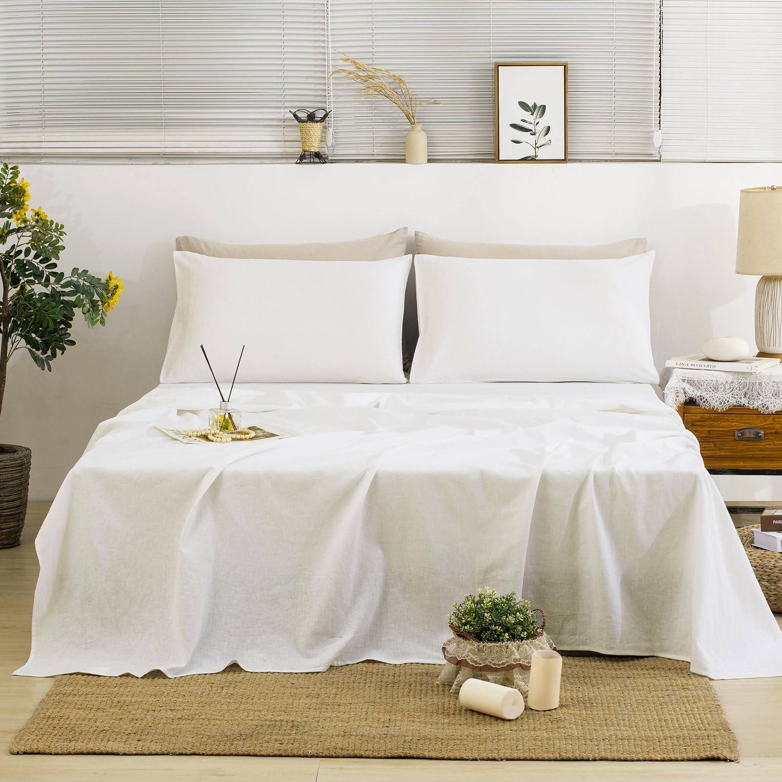 TUMEI 4 Pieces 100% Stonewashed French Linen Bedding Sheets Set, 16" Deep Pocket, 1 Fitted Sheet & 1 Flat Sheet & 2 Pillowcases, Solid Color, Soft & Comfortable (White, King Size)