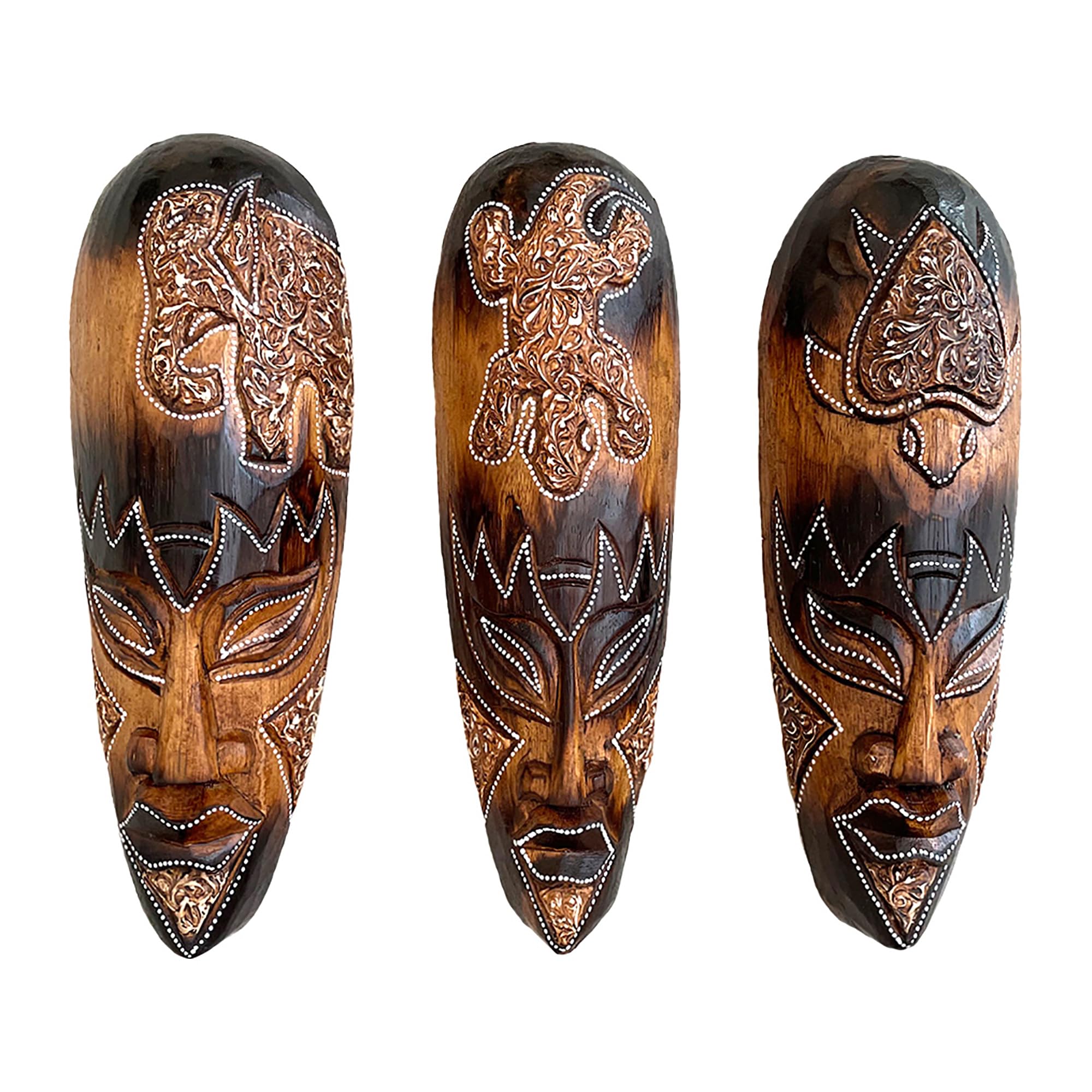 OMA Set Of (3) African Wall Masks With Stunning Details Hand Crafted Wooden Tribal Tiki Wall Hanging Home Decor Gift