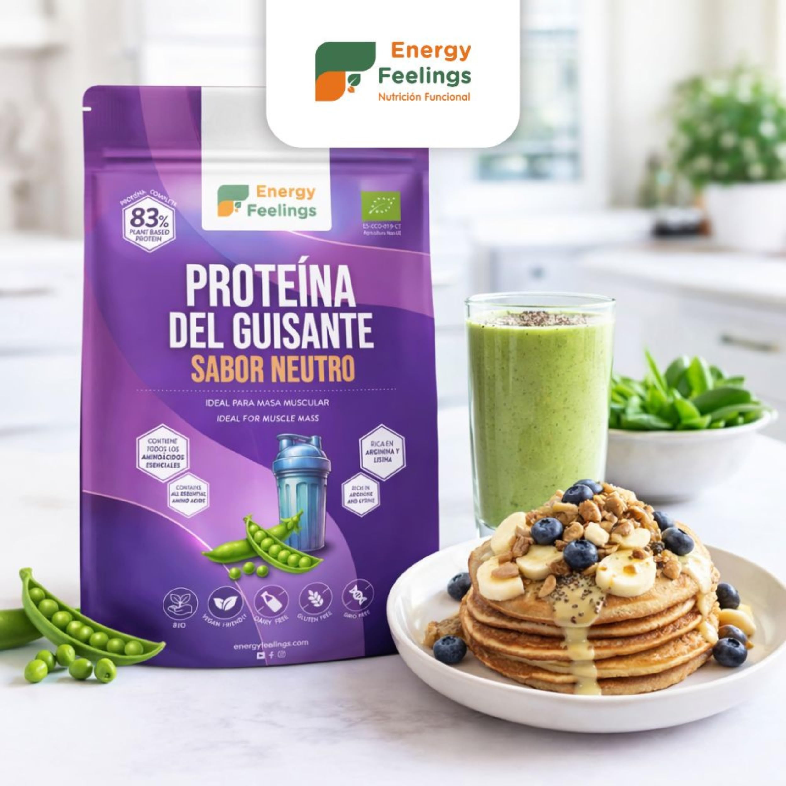 F Energy Feelings Proteine di Piselli in Polvere BIO 1 Kg / 82% Proteine Vegetali/Proteine Vegane Massa Muscolare e Dimagrire/Senza Zuccheri Aggiunti, Lattosio né Glutine