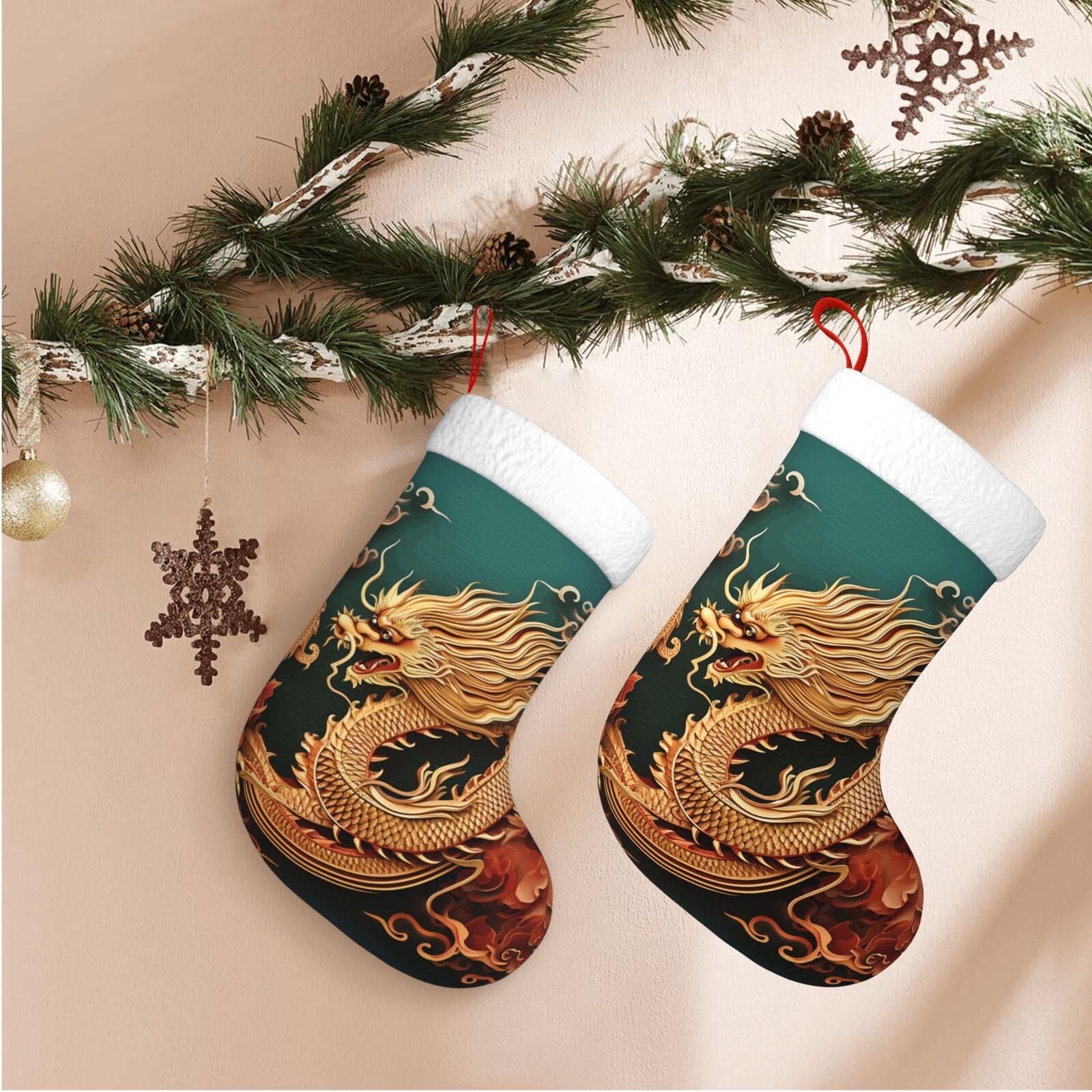 Fodpand Boys Black Dragon Chinese Background Christmas Stockings Hanging Ornaments For Holiday Decor, 18 Inches Velvet Xmas Stocking With White Plush Cuff, Candy Gift Bags For Christmas Decorations