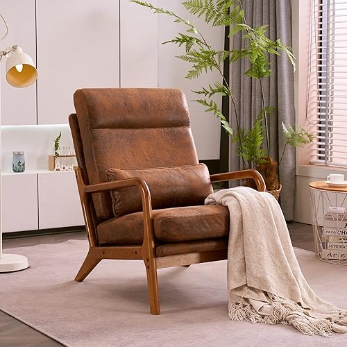 Miniatura 6 de XIAOSENLIN Silla Accent moderna de mediados de siglo con almohada respaldo alto tapizada con marco de madera maciza y cojín suave para sala de estar