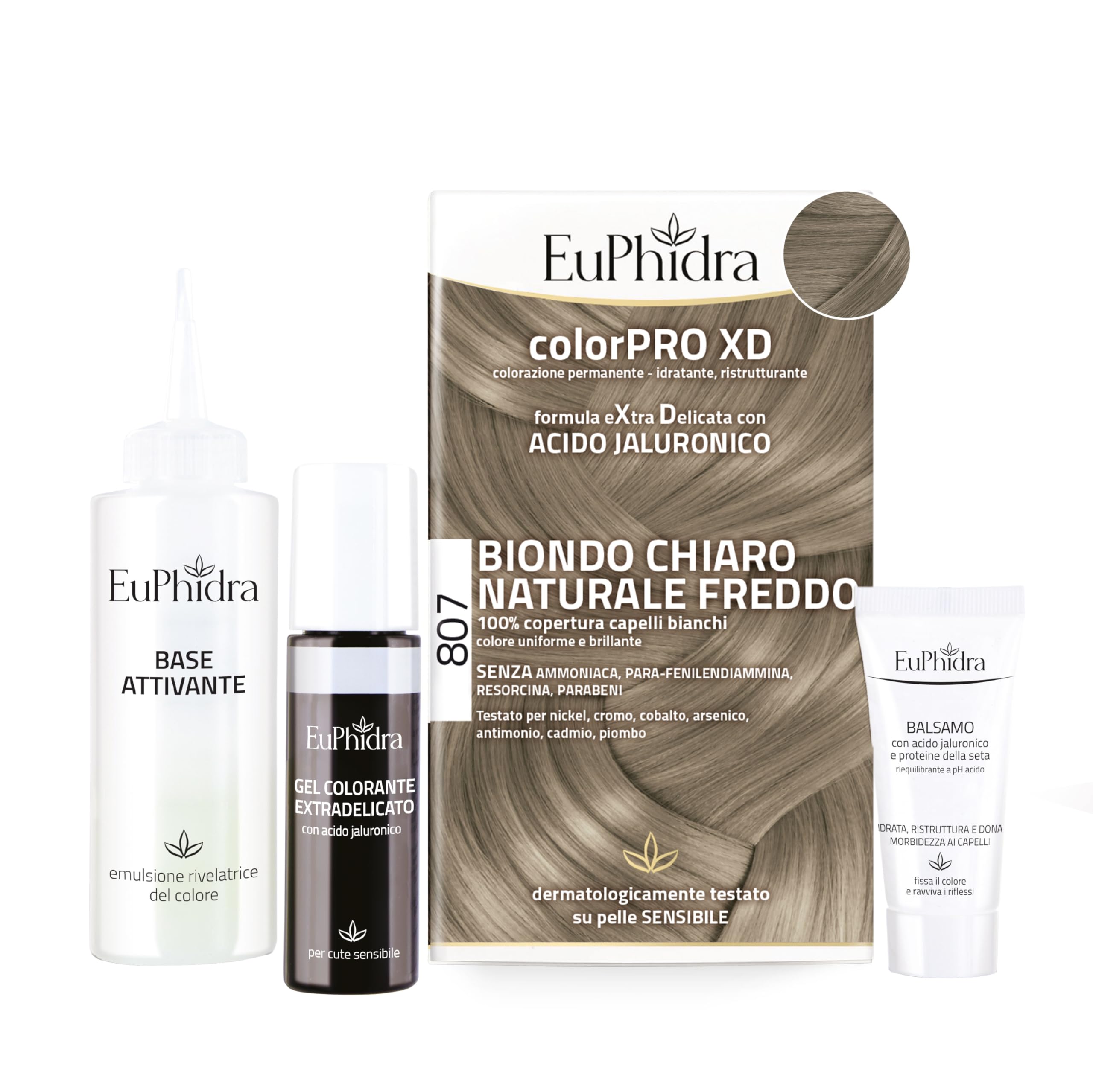 Euphidra - ColorPro XD 807, Biondo Chiaro Naturale Freddo, Risultato Luminoso e Idratato, Penetra nella Fibra Capillare, Colorazione Permanente con Acido Ialuronico,
