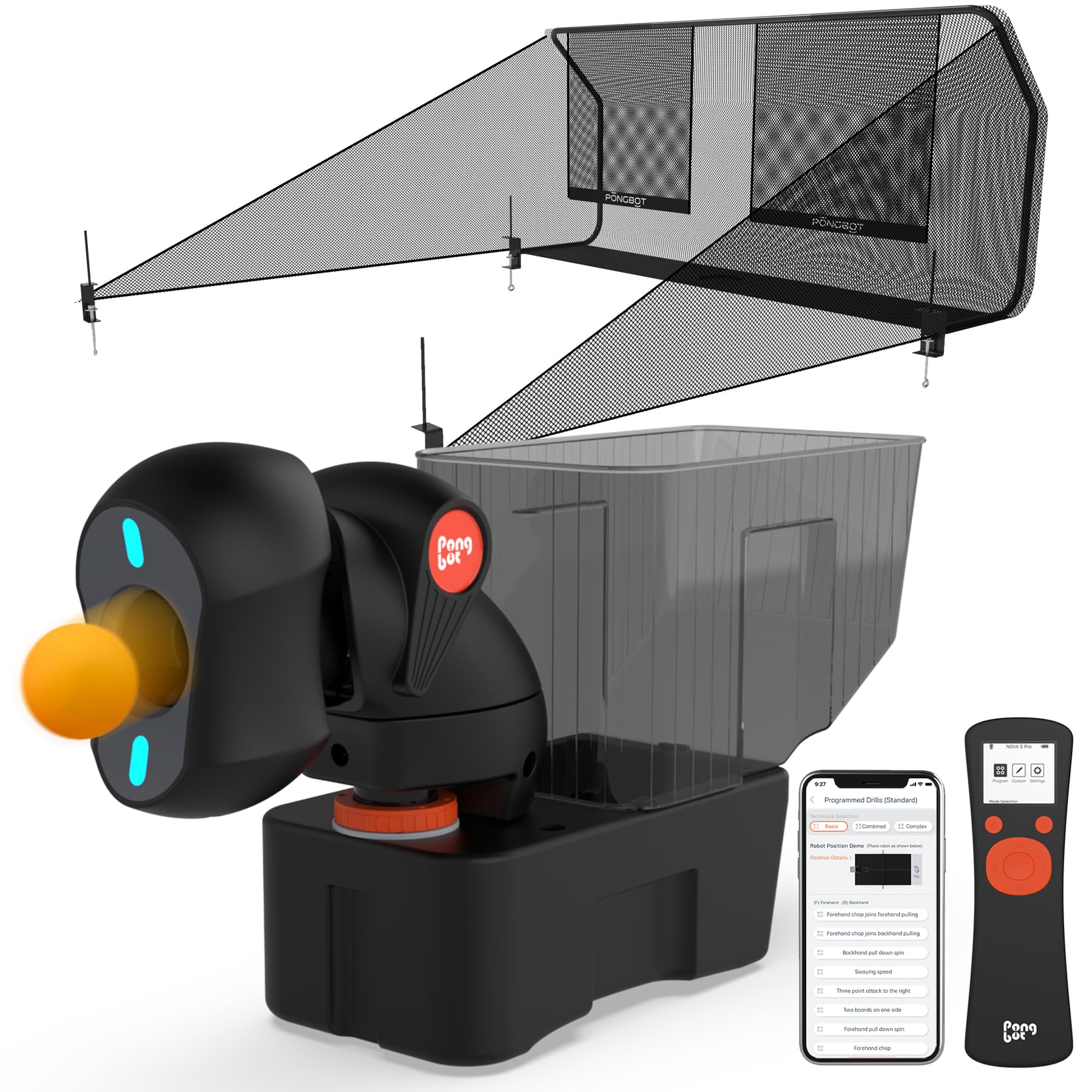 PONGBOT Table Tennis Robot with Net, Ping Pong Machine, Remote/App Control, 264 Pre-Saved Drills, Custom Drills