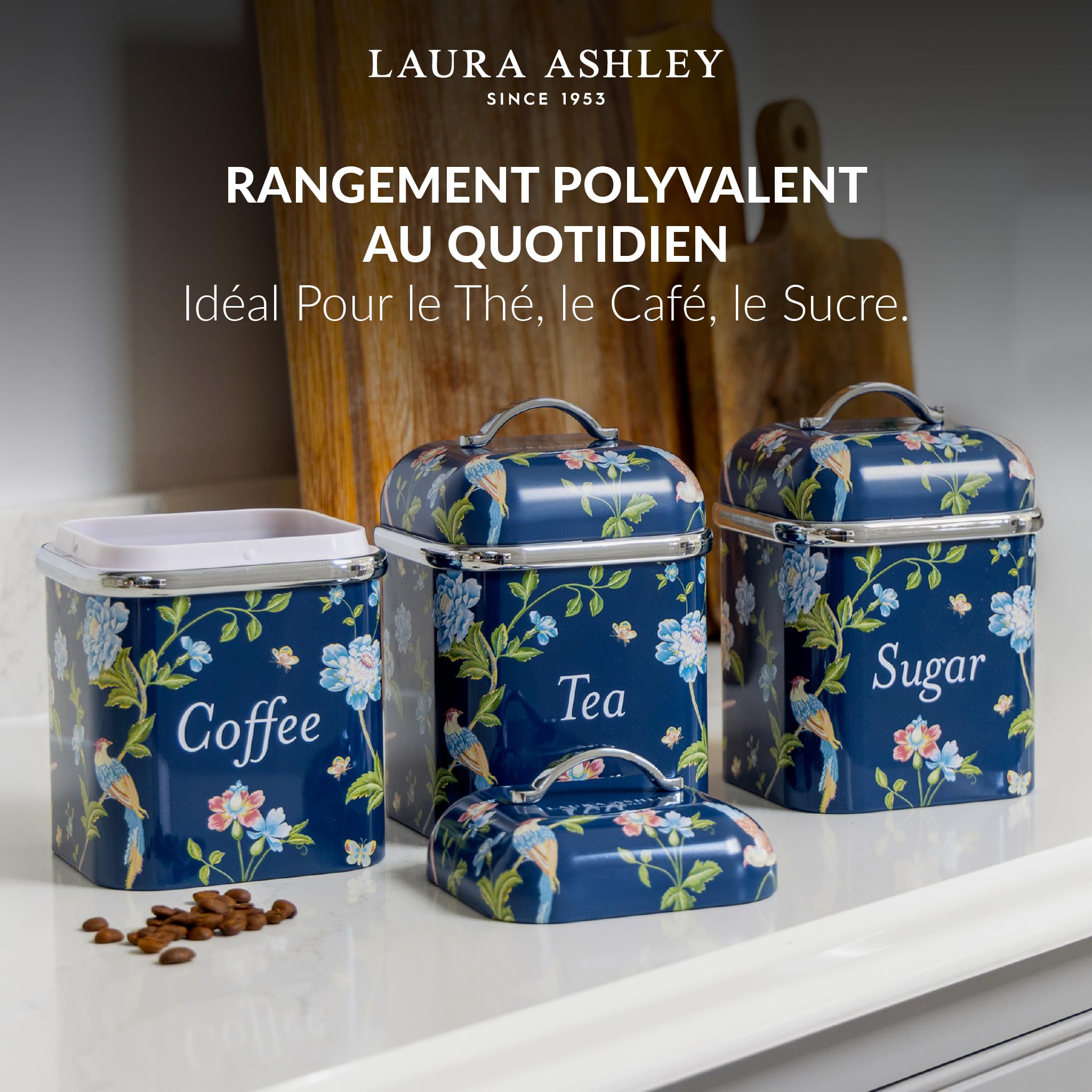 VQ Ensemble de 3 bocaux de rangement pour thé, café et sucre Laura Ashley, motif marin Elveden, élégante boîte de rangement en fer-blanc avec couvercle (Marine Elveden)