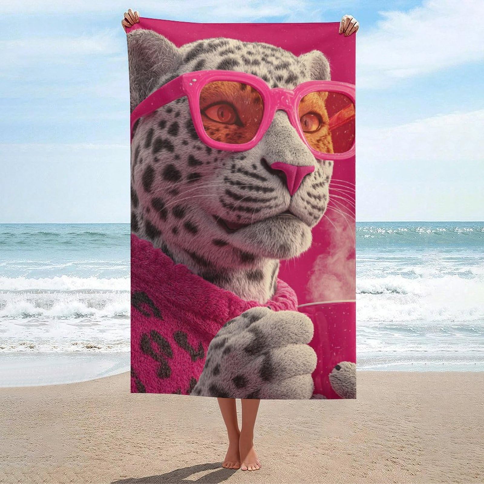 asbwuo Pink Sunglasses Leopard Holding Coffee Cup Beach Towel