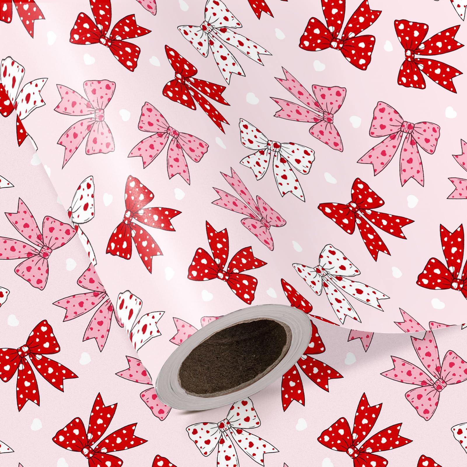 RUSPEPA Bow Wrapping Paper Roll - Mini Roll - 43.2cm x 5m - Coquette Bow Wrapping Paper with Heart Design for Girl Birthday, Valentine's Day, Bachelorette