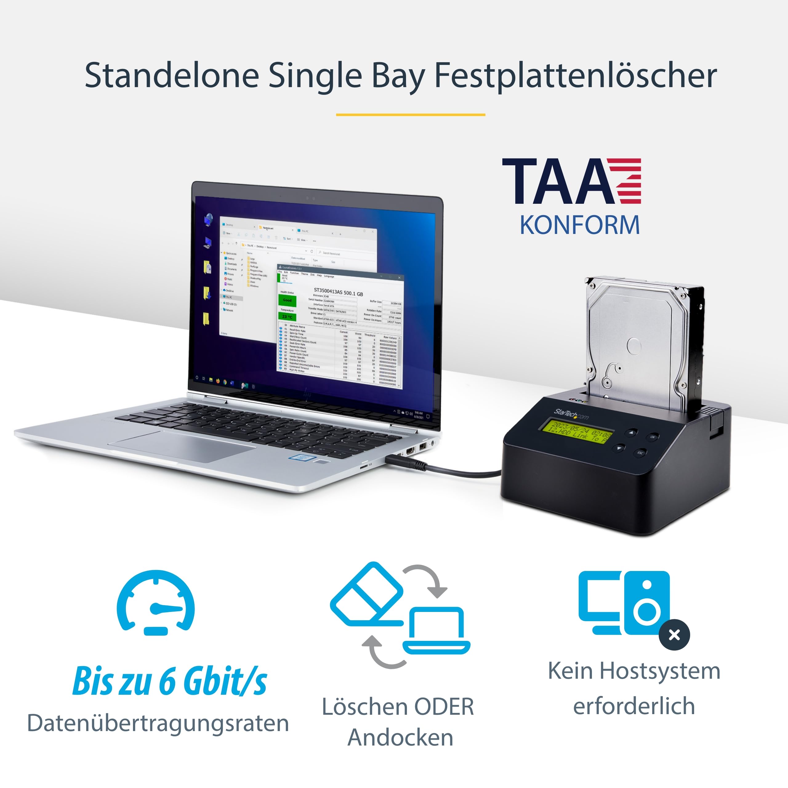StarTech.com Festplatten Eraser - für 2,5" / 3,5" SATA SSD Laufwerk - USB 3.0 - 4Kn Unterstützung - Festplatten Dock