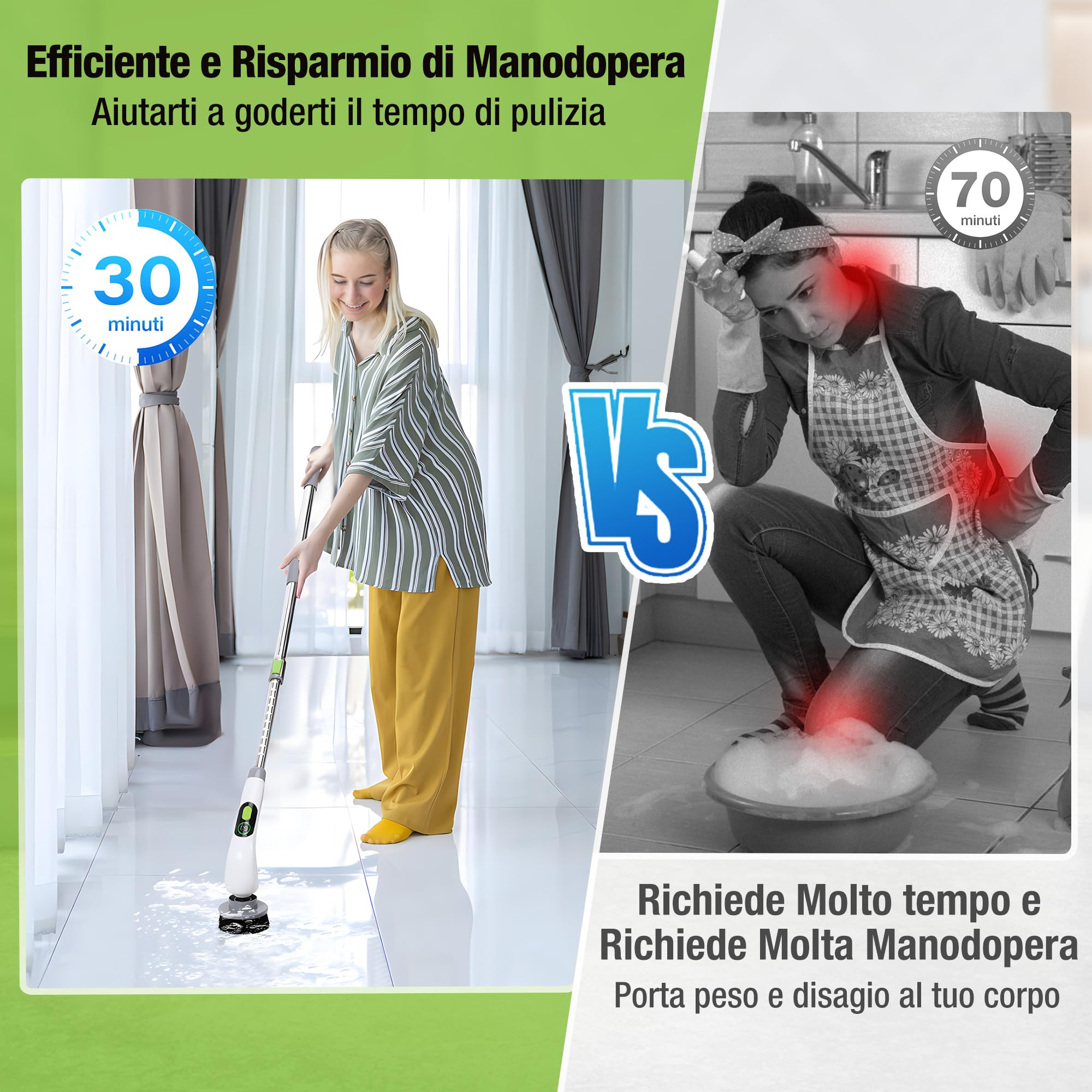 WORKPRO Spazzola elettrica Rotante per Pulizia con 8 Spazzole e 30-120cm Palo estensibile, Spazzola a Batteria con 3 velocità di regolazione per la pulizia di pavimenti, bagni, cucine e finestre | Ricaricabile, manico estensibile da 30 a 120 cm, 3 velocit