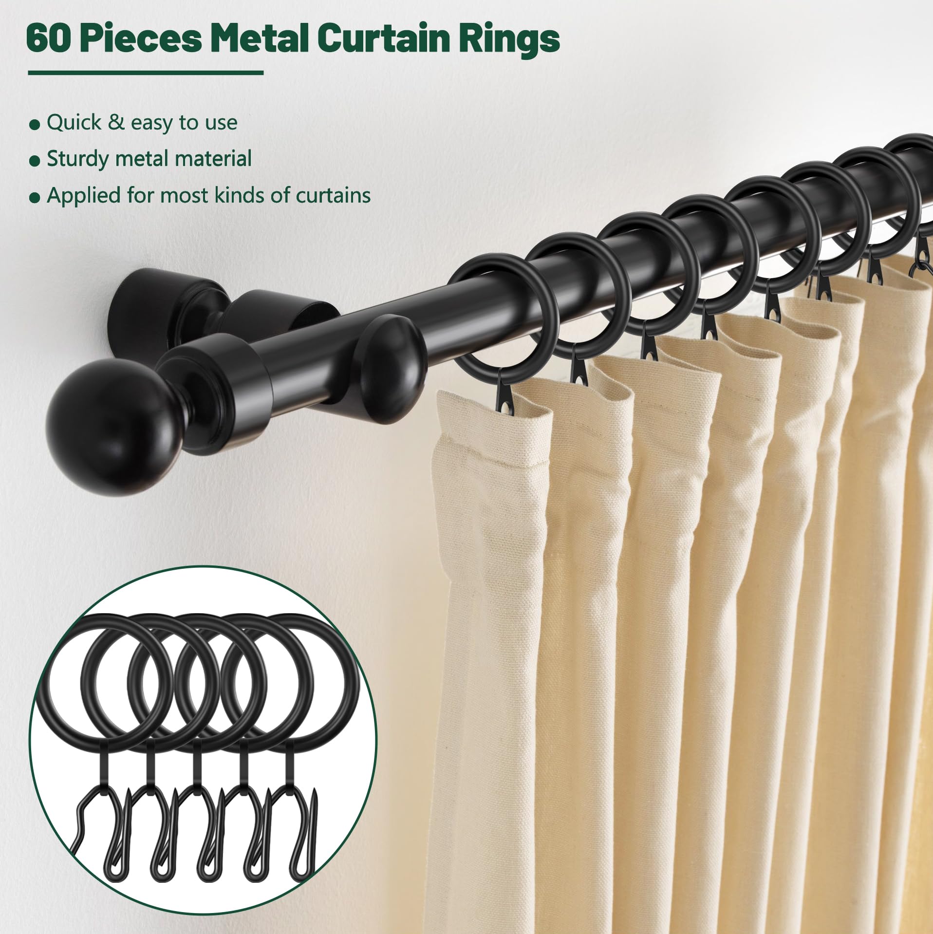 30 Pack Curtain Rings With Hooks And 30 Pack Pinch Pleat Hooks - Metal Drapery Hardware Set In Black