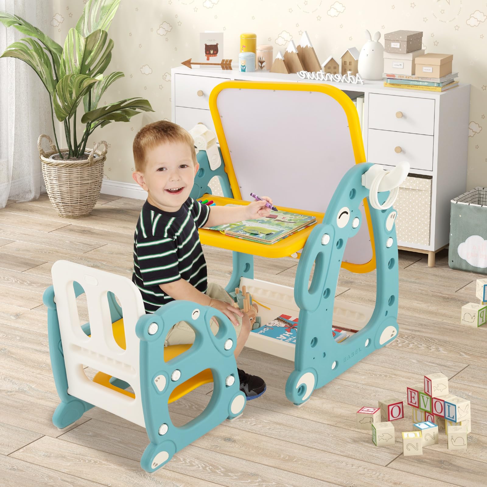 HOMASIS Cavalletto da pittura per bambini con sedia, lavagna per bambini ad altezza regolabile, tavolino multifunzione e salvaspazio, con penne, gomma per lavagne bianche, blu e giallo