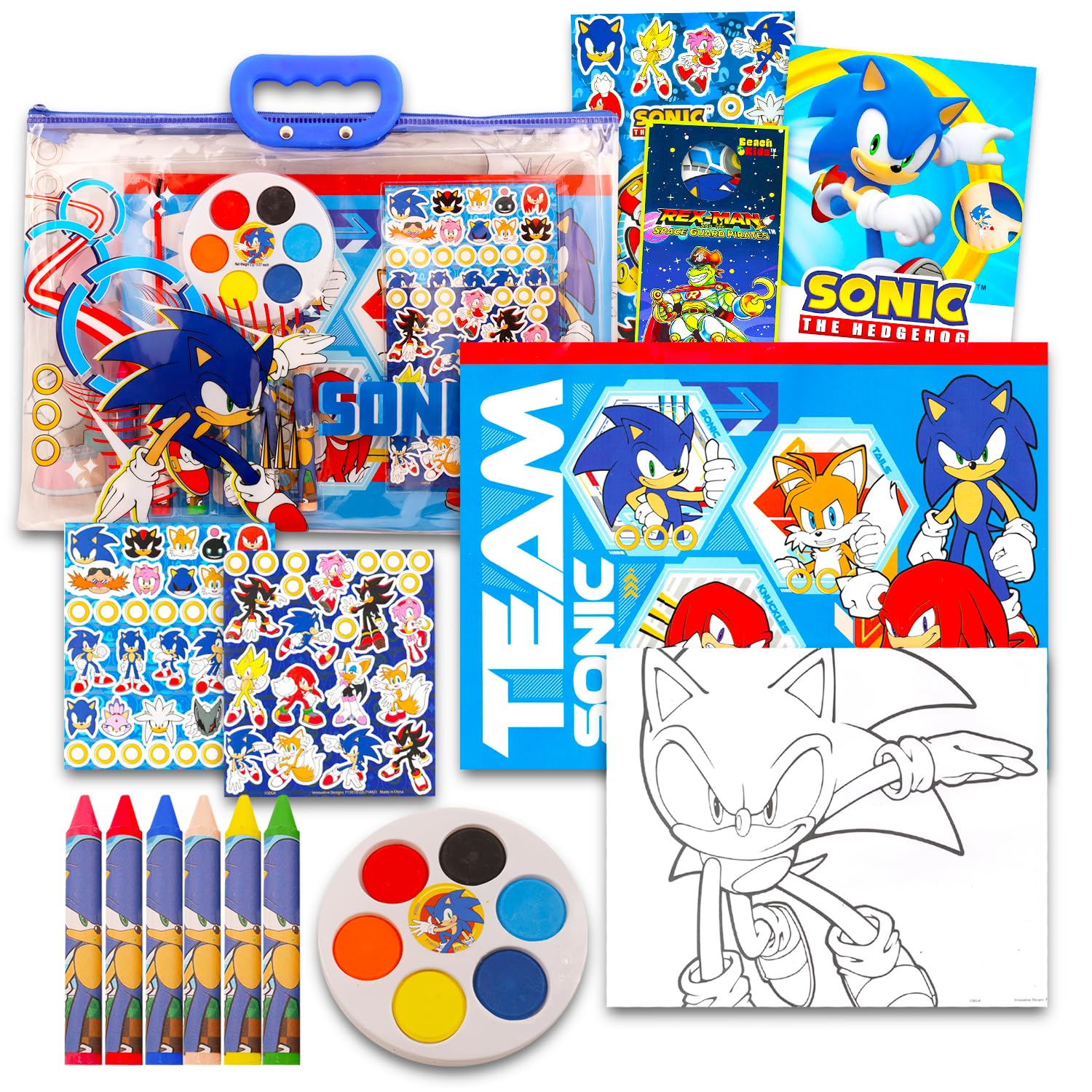Sonic The Hedgehog Drawing and Painting Set for Boys - Sonic Gift Bundle with Coloring Book, Coloring Utensils, Watercolor Paints, Stickers, Tattoos, More | Sonic Crafts for Kids