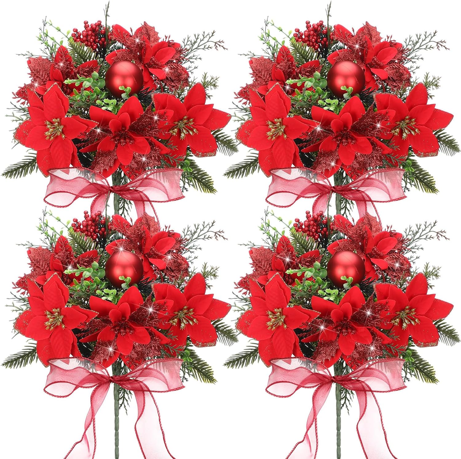 Giegxin 4 Pack 13.8 Inch Faux Velvet Poinsettia Berry Xmas Bush for Indoor Outdoor Christmas Tree Ornament Home Porch Decor(Red, Green,Novel) Red, Green Novel