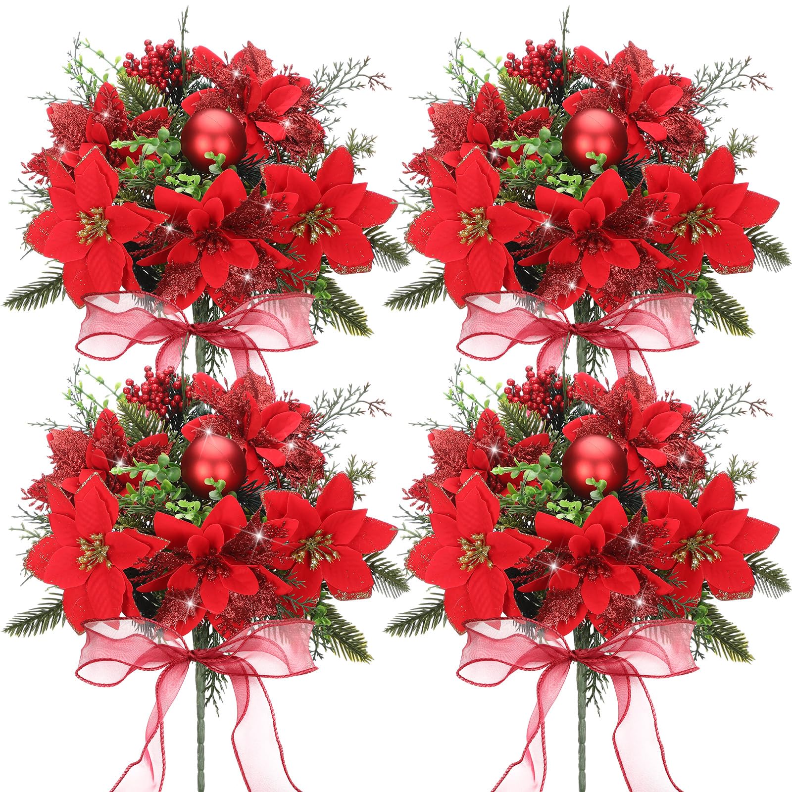 Giegxin Lot de 4 buissons de poinsettia en velours synthétique de 35 cm pour intérieur et extérieur - Décoration de sapin de Noël - Décoration de porche (rouge)