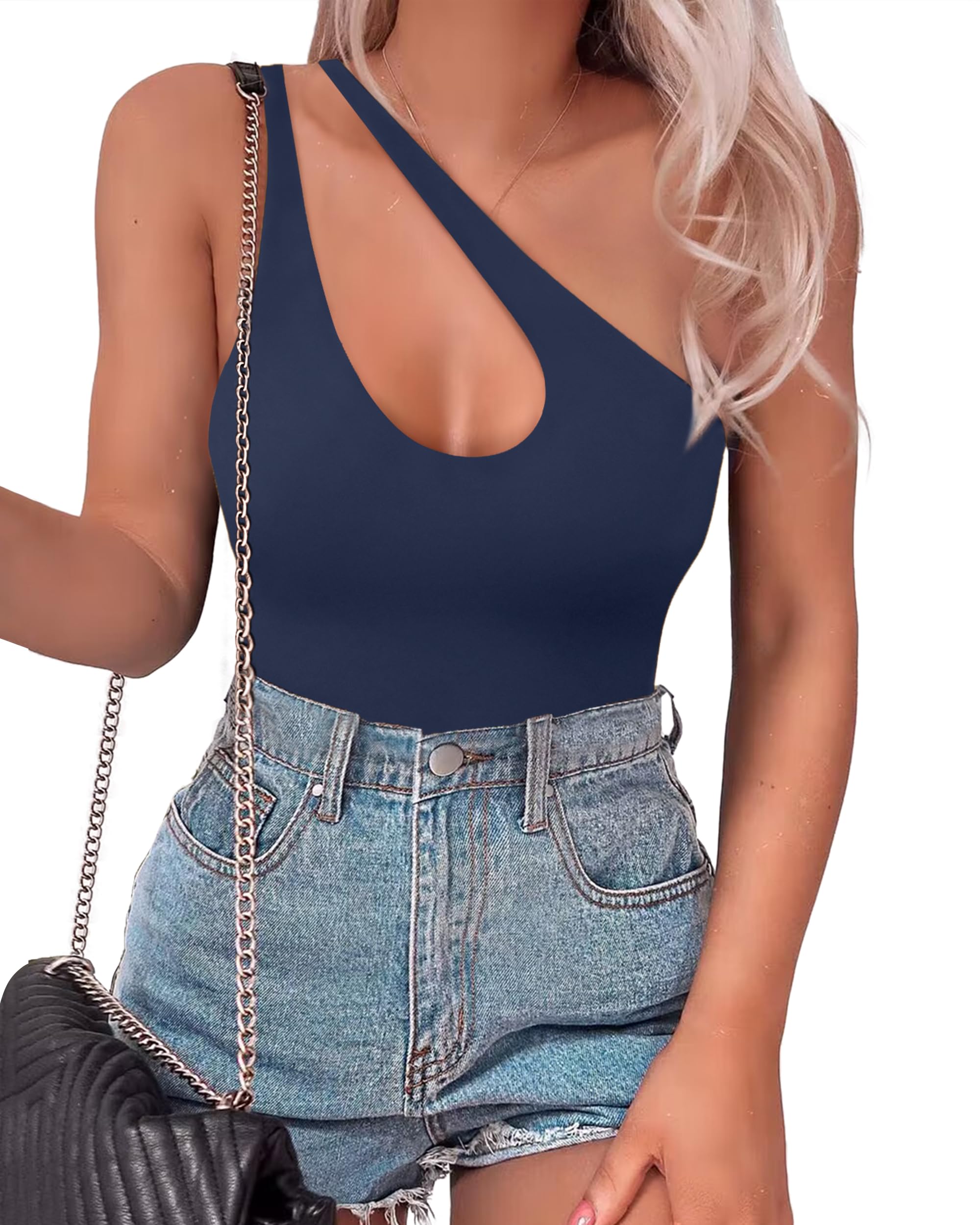 SAUNGKUAI Women's Sexy One Shoulder Sleeveless Cutout Thong Bodysuit Tank Top Body Suits Backless Asymmetrical Going Out Tops