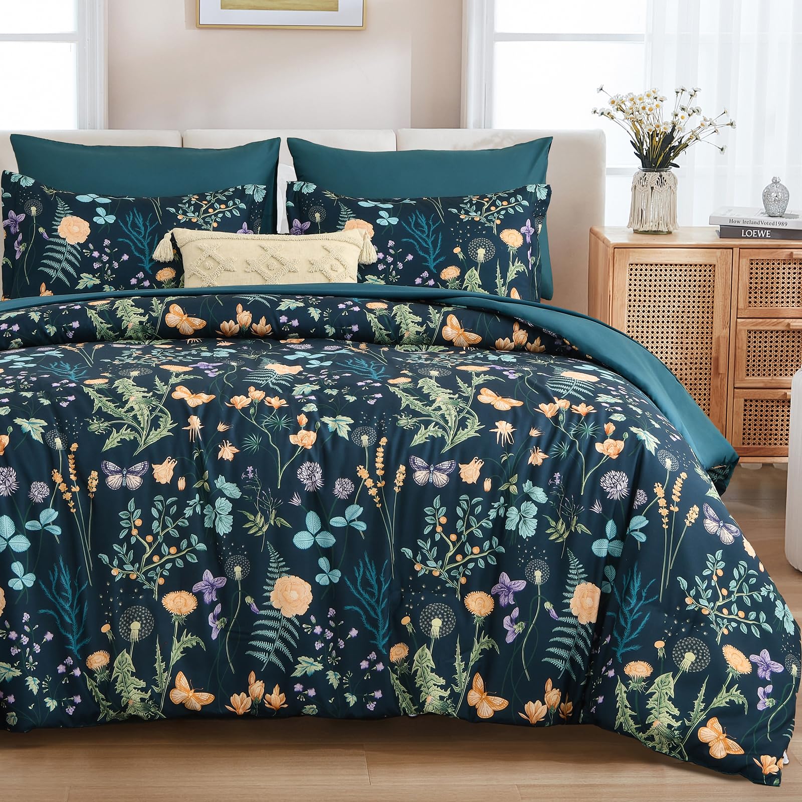 WONGS BEDDING King Size Duvet Cover Sets 3 Piece Floral Bedding Sets, Green