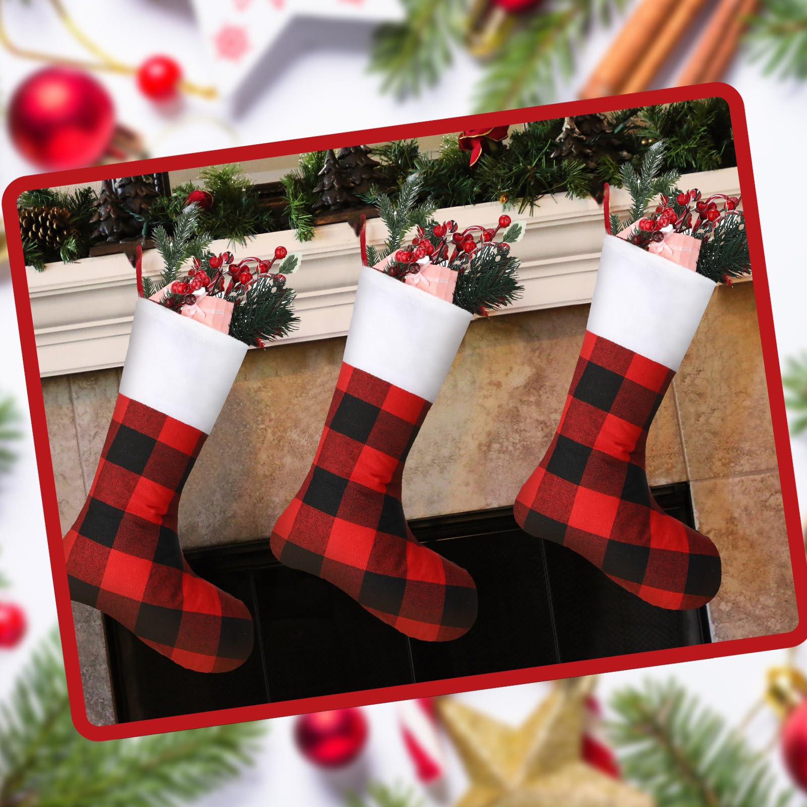 12 calze natalizie a quadri di bufalo, calze natalizie da appendere, decorazioni natalizie a quadri, per feste di Natale in famiglia, feste di Natale, bianco e nero (nero, rosso, 45 pollici)
