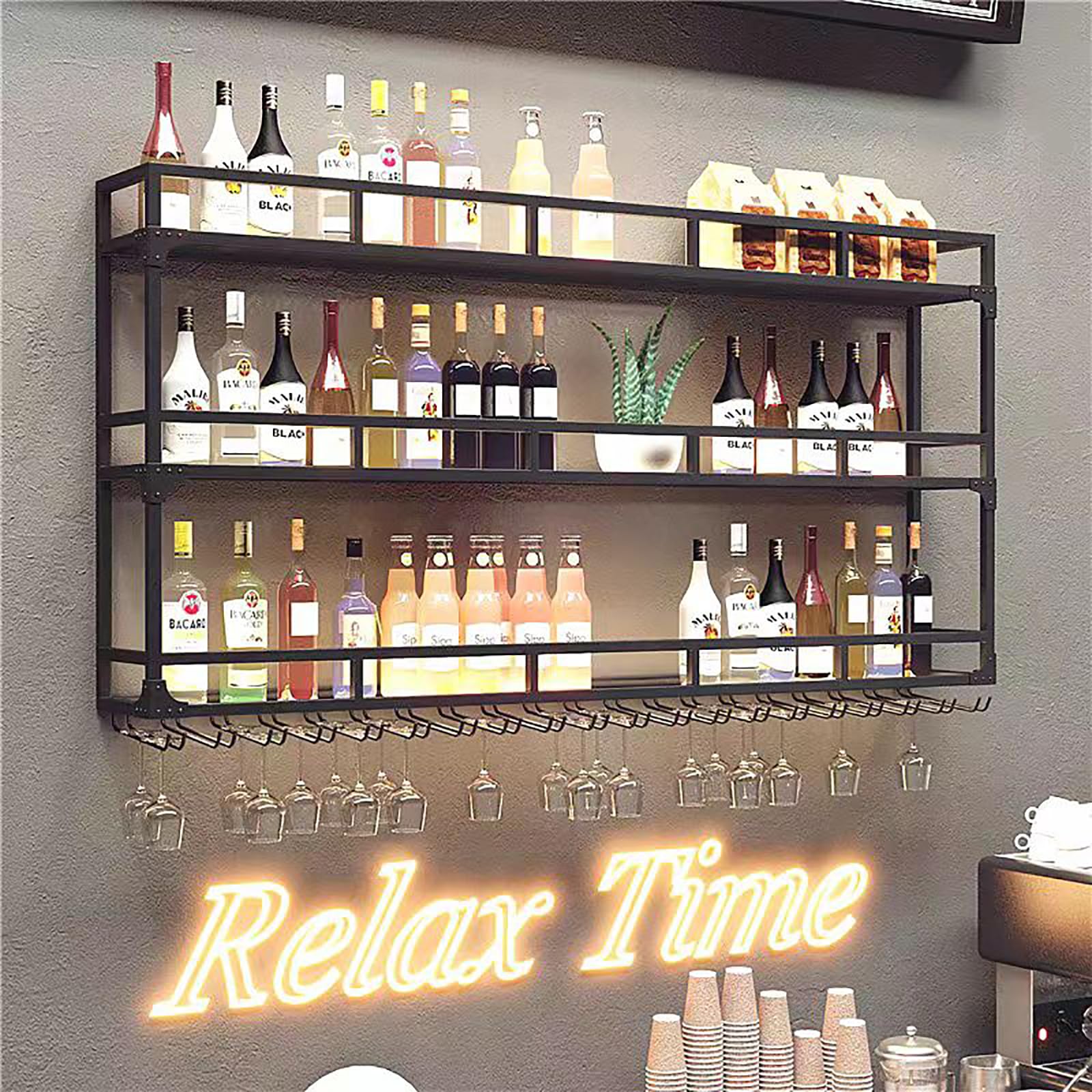 Botellero montado en la pared con luz LED, estante de exhibición de botellas de metal y soporte de vidrio para el hogar, bar, cafetería, comedor
