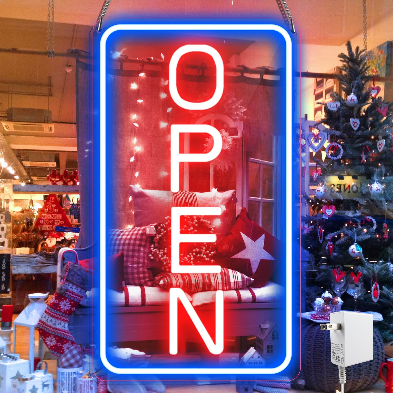 22.8"x 11.8" ultra bright 12v neon open sign for business, led open neon sign, electric light up signs for stores, restaurants offices retail shops window (blue-red-vertical)