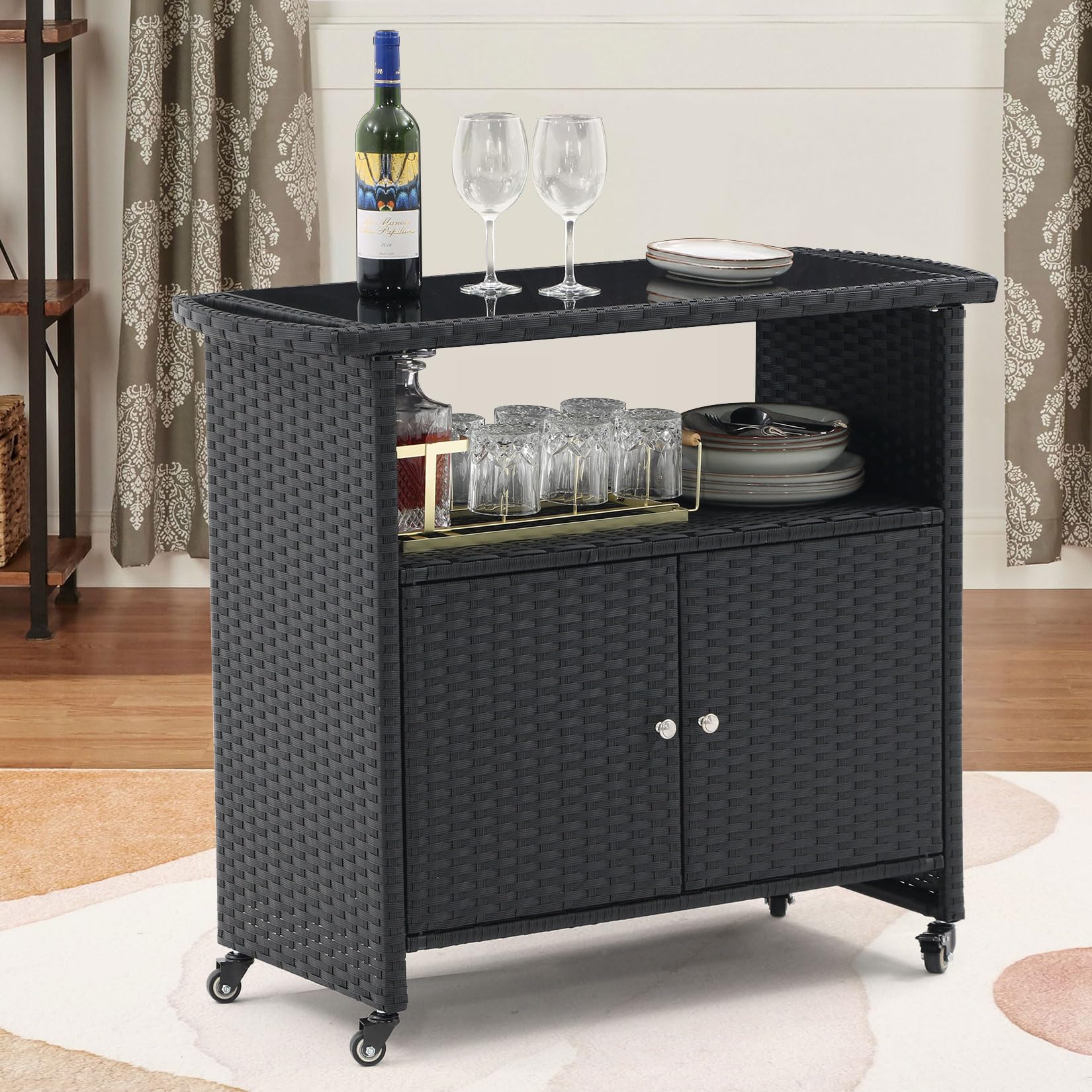 Outdoor Kitchen Wicker Island Rolling Cart with Storage Cabinet Outside Bar Cart Patio Bar Table, w/Wheels and Black Glass Table Top, Black