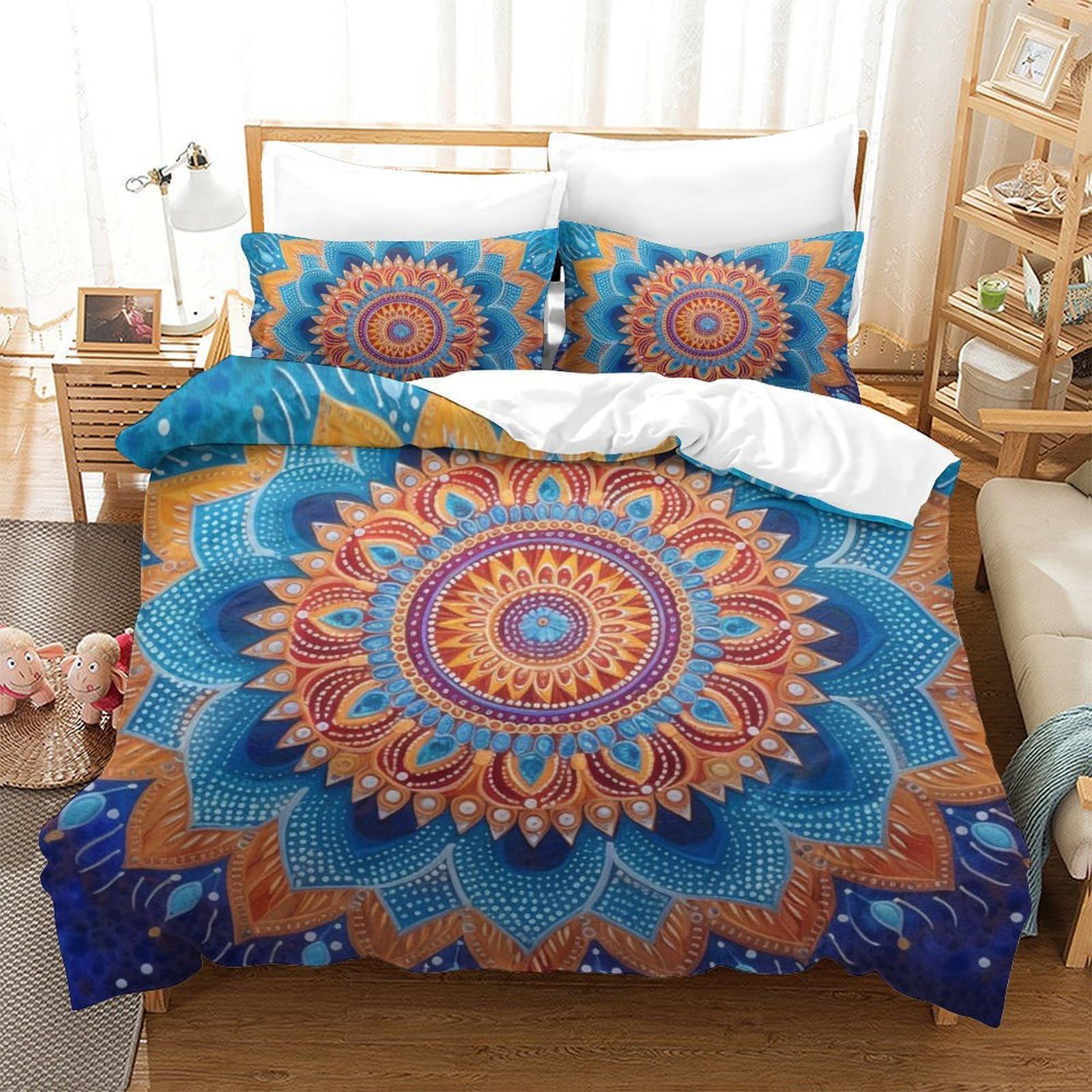 Housse de couette fleurs polygonales 3D anti-glissement 220x240 pour lit enfants et ados