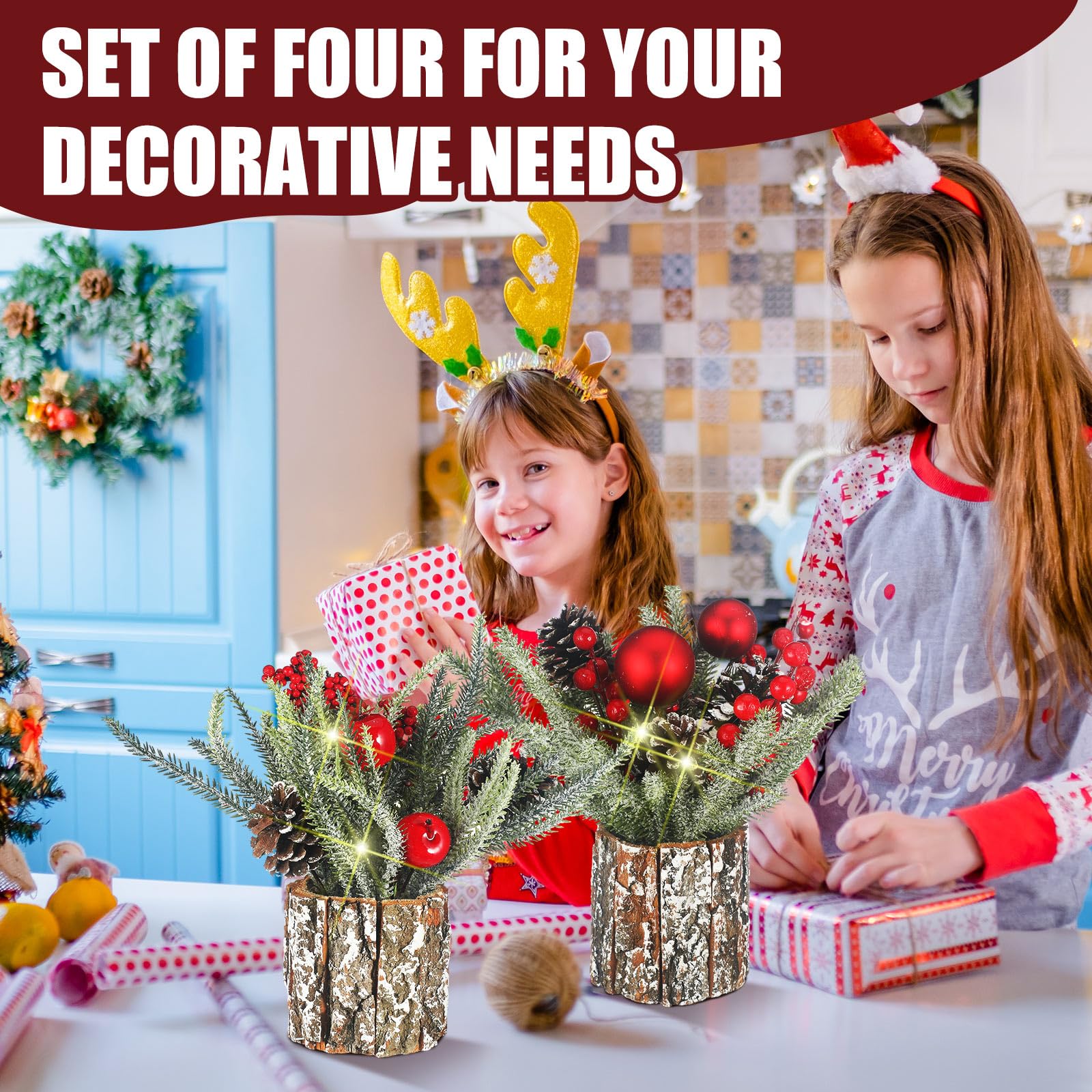 Lyrow Lot de 2 mini sapins de Noël en pot pré-éclairés avec lumières - Mini décorations de table artificielles avec baies et pommes de pin, 35 x 30 cm