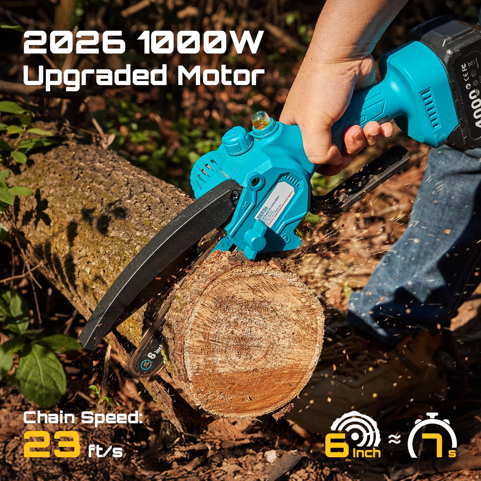 SEESII mini pilarka łańcuchowa o długości 15 cm z akumulatorem 4000 mAh, pilarka łańcuchowa z automatycznym smarowaniem i uchwytem, lekka pilarka do cięcia drzew, drewna i prac ogrodniczych
