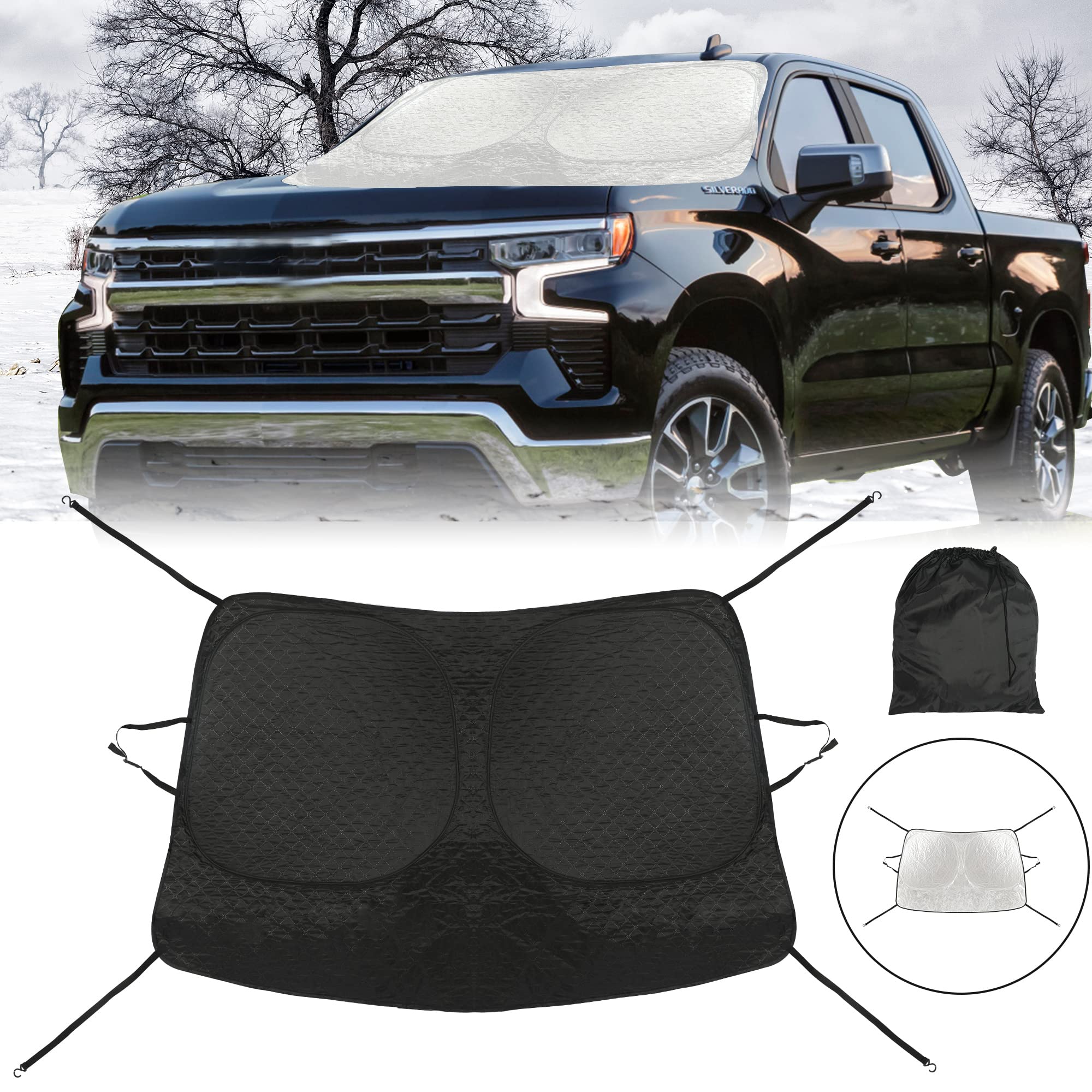 ROCCS Windshield Snow Cover fit for Chevy Silverado 1500 2014-2023,Car Windshield Ice Frost Cover, Snow Removal Wiper Visor Protector All Weather Winter Summer Sun Shade Waterproof, Black & Silver